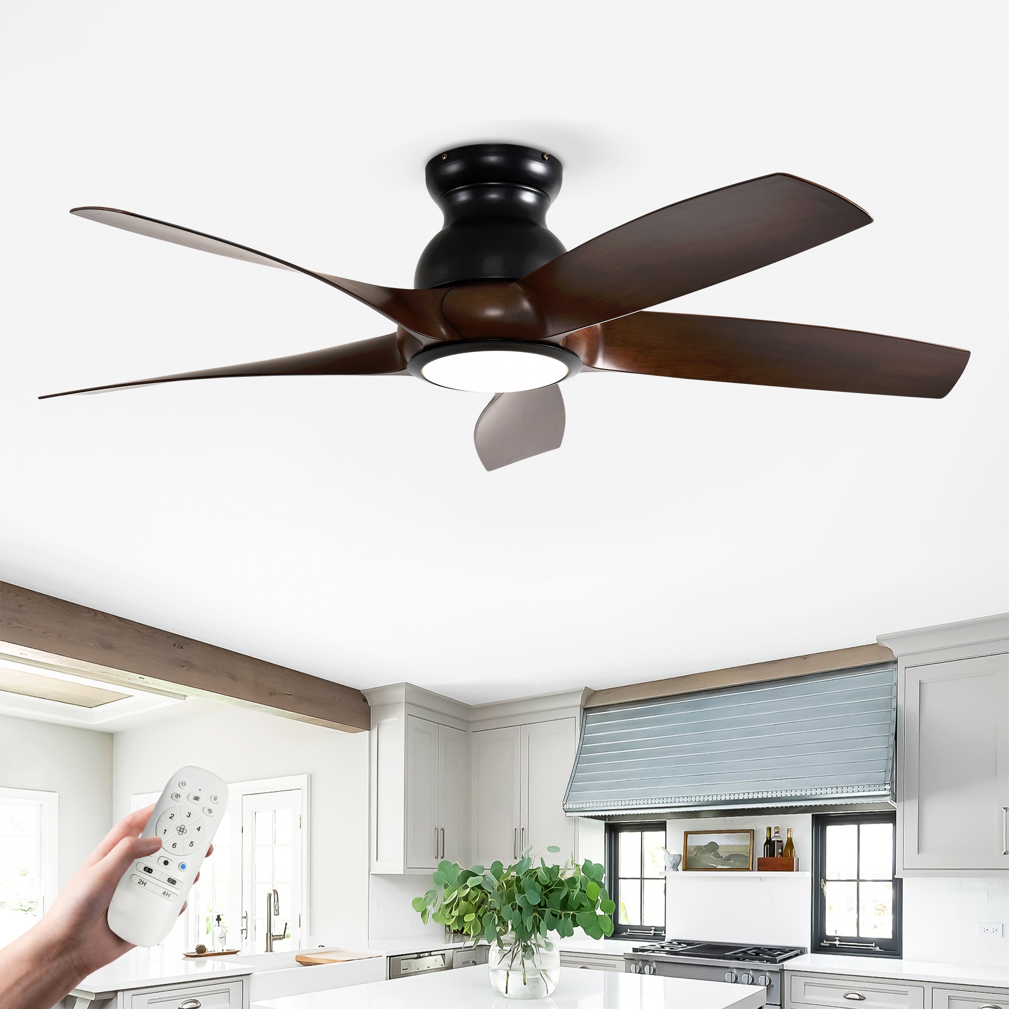 Huluwat 56 Inch 5 PCS ABS Blades Ceiling Fan With Light Kit 3 Color LED Light Source DC 6 Speed Remote Control Ceiling Fan for Patio Living Room Bedroom Office Indoor Matte Black Wood color