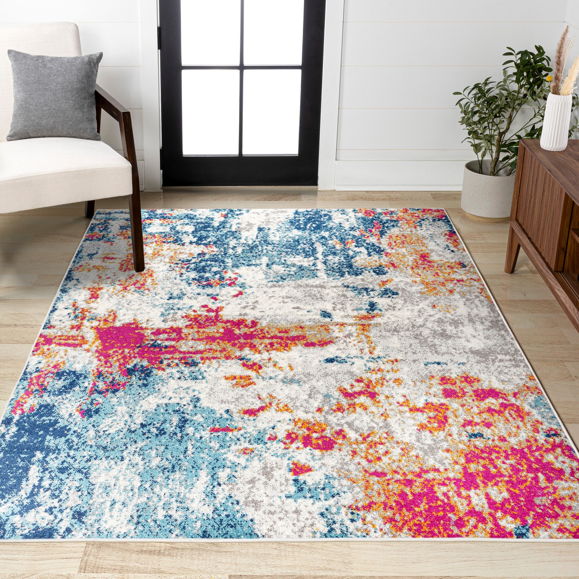 JONATHAN  Y CTP114A-5 CONTEMPORARY POP Sunset Abstract 5 x 8 (ft) Loomed Blue/Multi Rectangular Indoor Abstract Vintage Pet Friendly Area rug