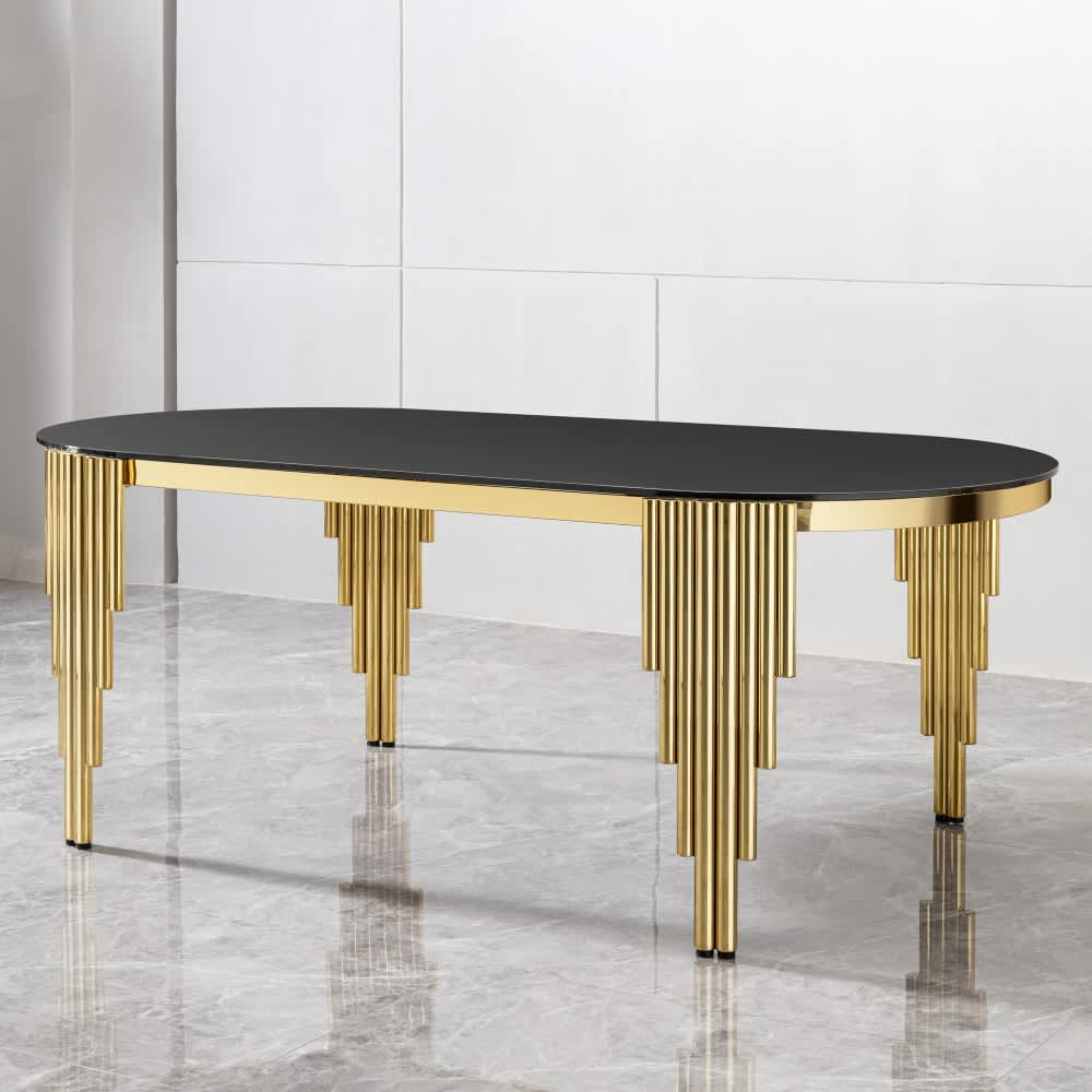 Coolbibila DAKOTA-TABLE-GOLD 70 Inch Black Tempered Glass Dining Table with Gold Metal Base Modern Rectangular Dining Room Table