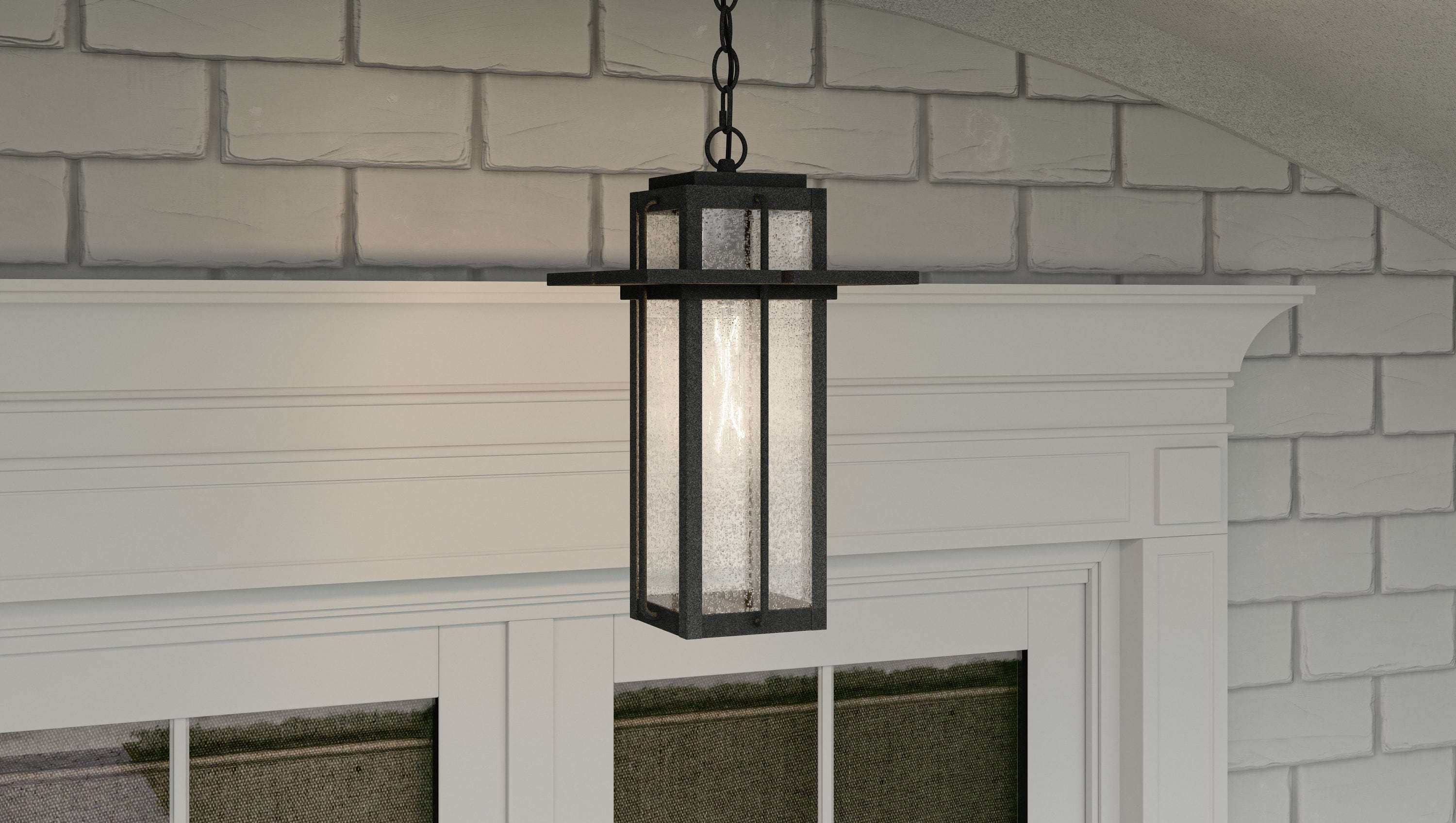 Quoizel Randall Mottled Black Transitional Seeded Glass Lantern Medium Outdoor Hanging Pendant