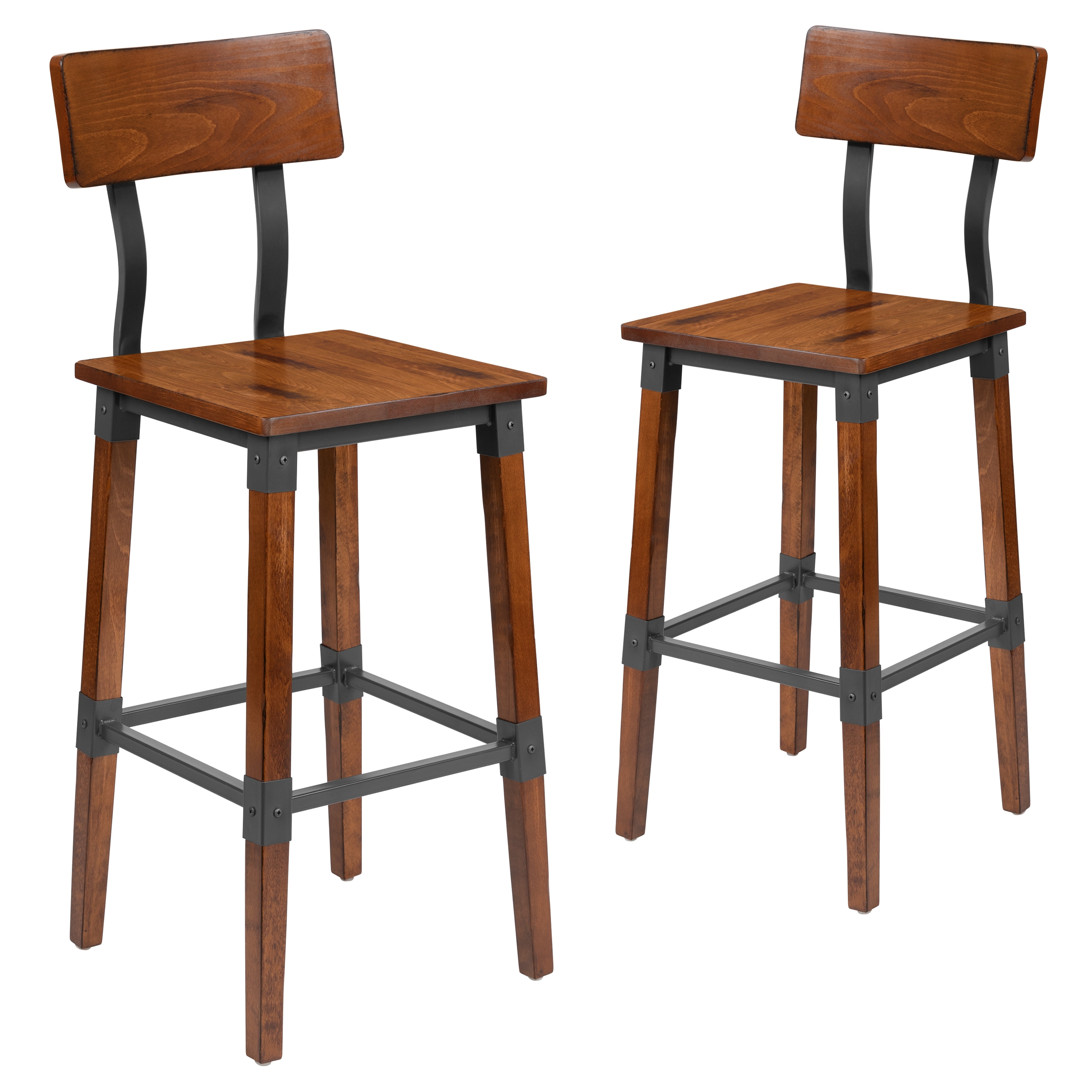 Flash Furniture 889142630067 2 -Set Walnut 28.5-in H Bar height Square seat Wood Bar Stool and Back