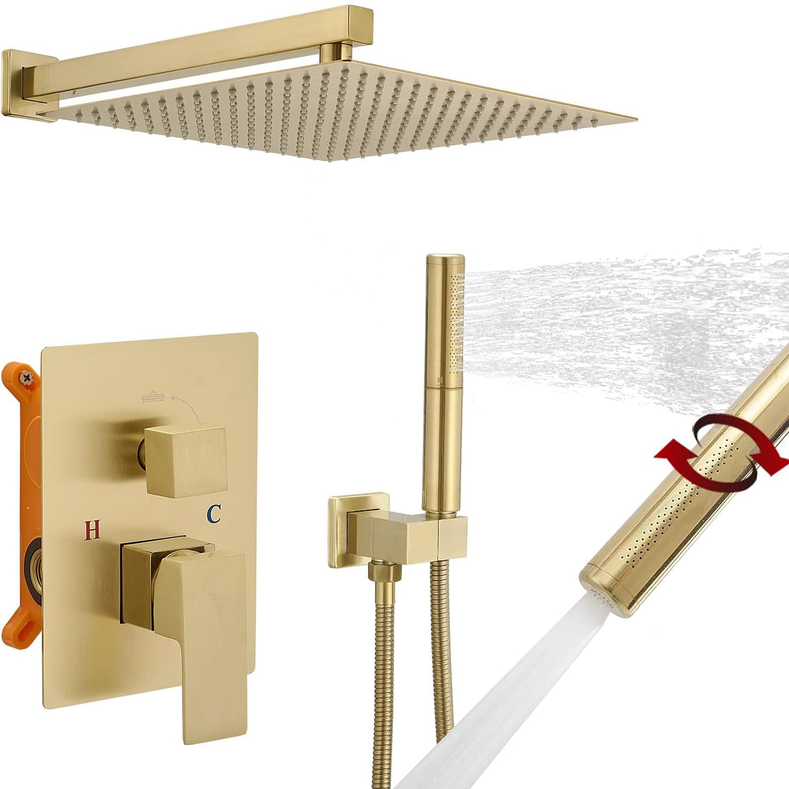 BYH B-SF001-BG Brushed Gold 1-handle Multi-function 11.8-in Rectangle Shower Faucet with Valve