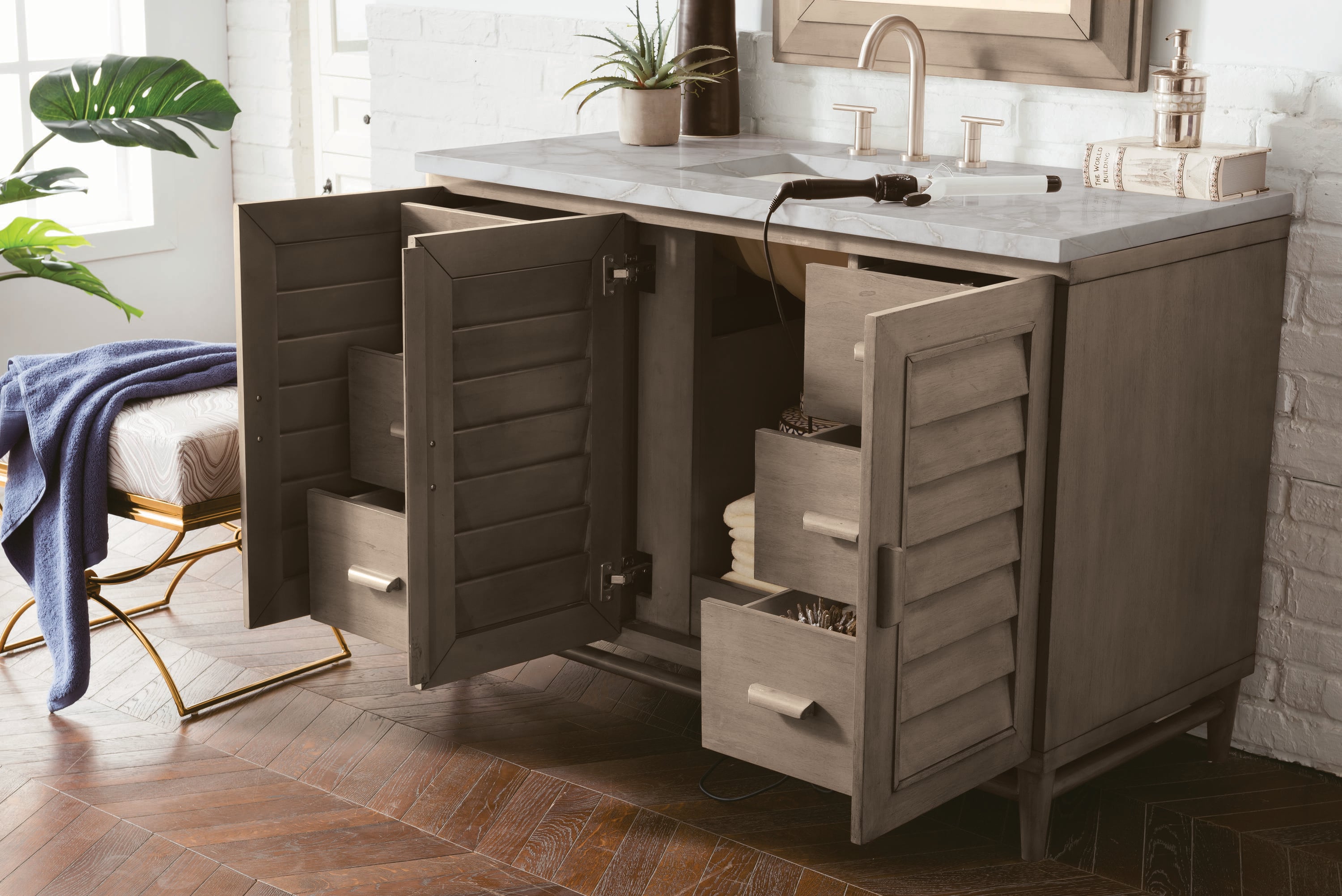 Portland 48" Whitewashed Walnut Single Vanity with Solid Wood Doors