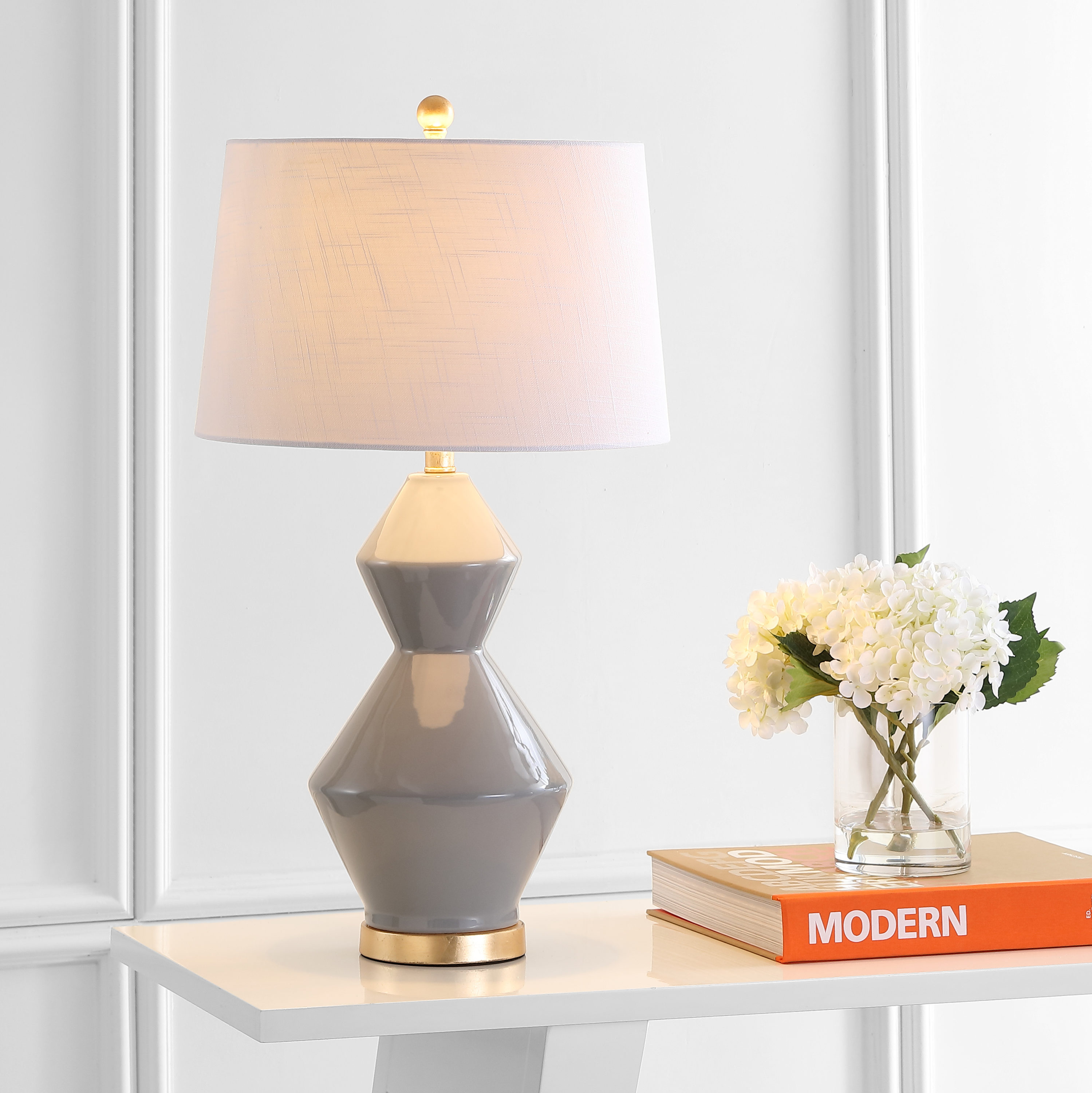 JONATHAN  Y JYL4013B Alba Geometric Ceramic/Metal Transitional 29-in Gray LED Incandescent Rotary socket Table Lamp with Linen Shade