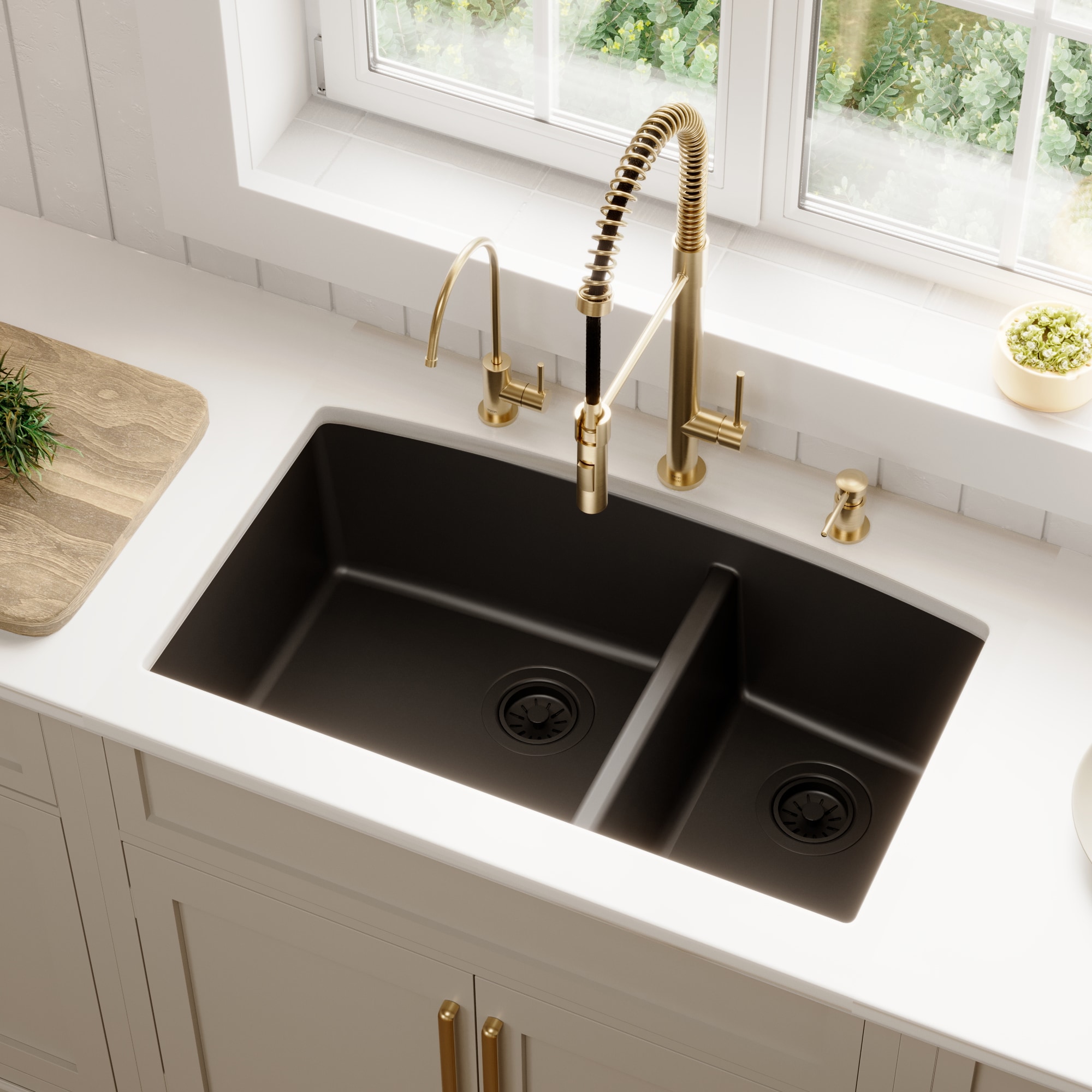Karran Undermount 32-in x 19.5-in Quartz Double offset bowl Kitchen Sink