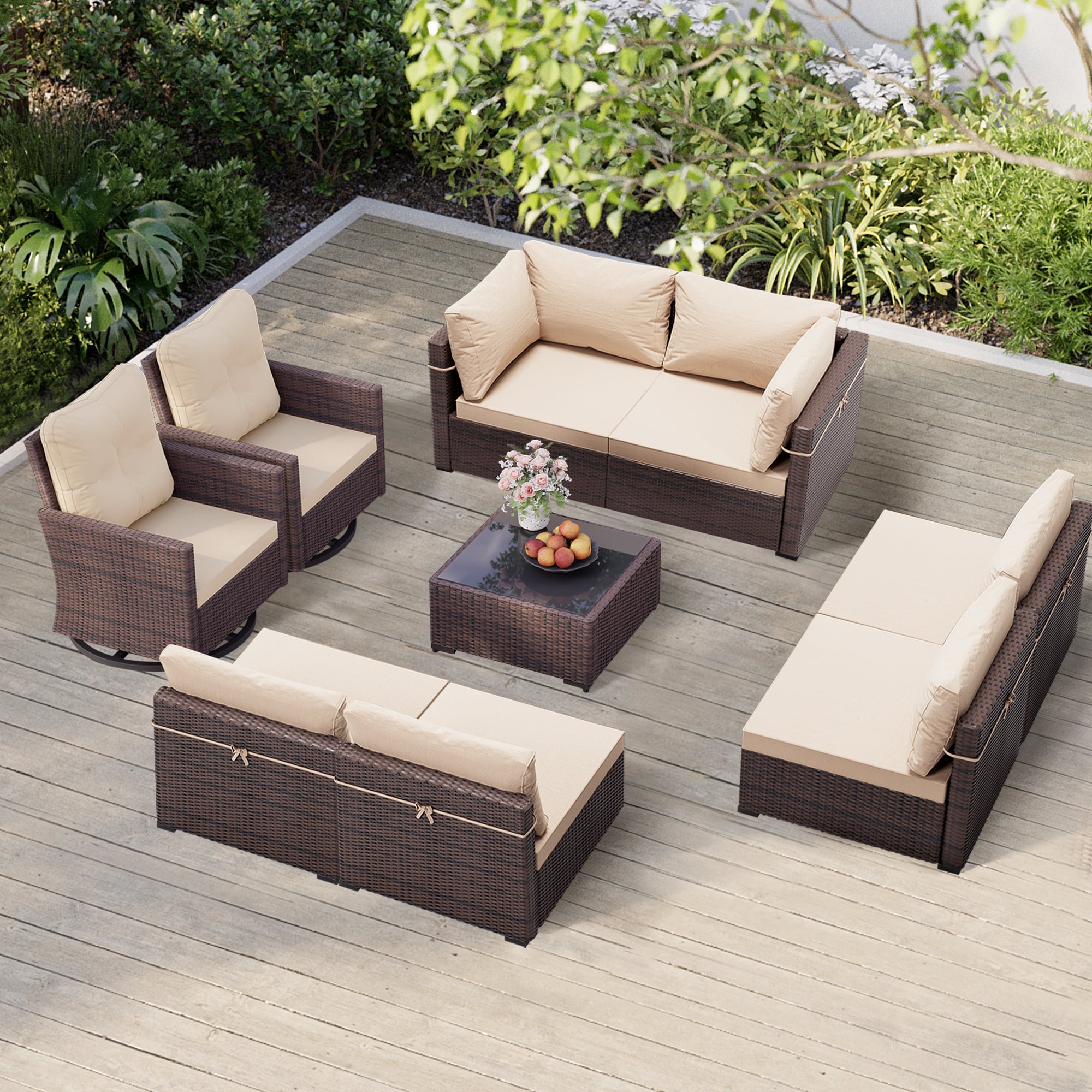 Patio Watcher TBBR-ABCY11-BE 9-Piece Rattan Patio Conversation Set with Off-white Cushions