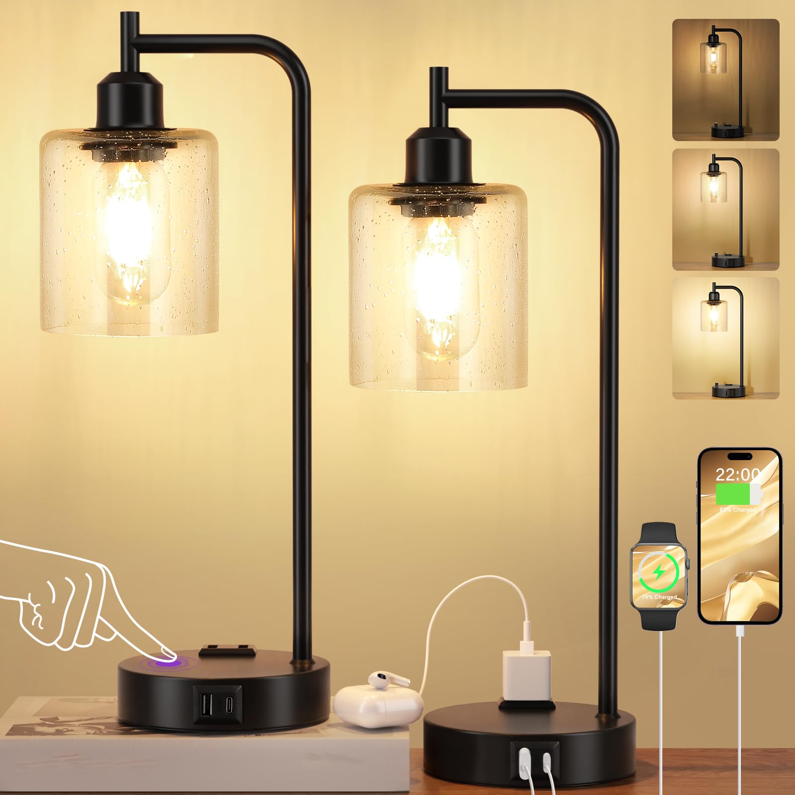 IUEST Industrial Touch Table Lamps Set of 2 with 3-Way Dimmable Control ...