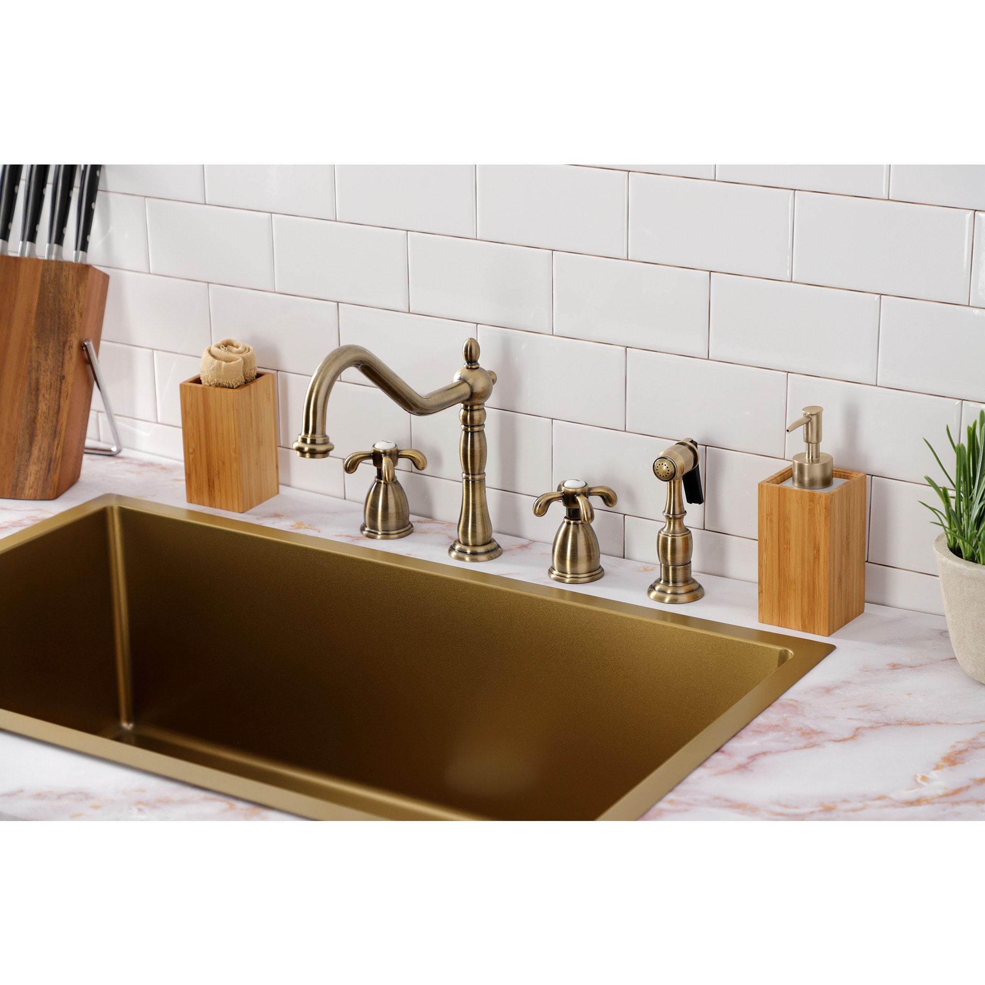 Kingston Brass WLKB1793TXBS Antique Brass Double Handle Deck-mount Kitchen Faucet ( Side Sprayer Included )