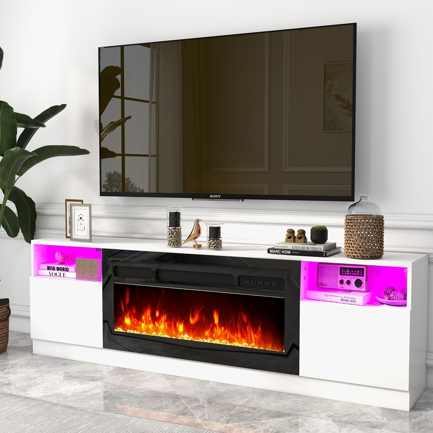 AOXUN 70-in W White TV Stand with LED Electric Fireplace H21007WH+H20023 Sansujyuku sansujyuku.com