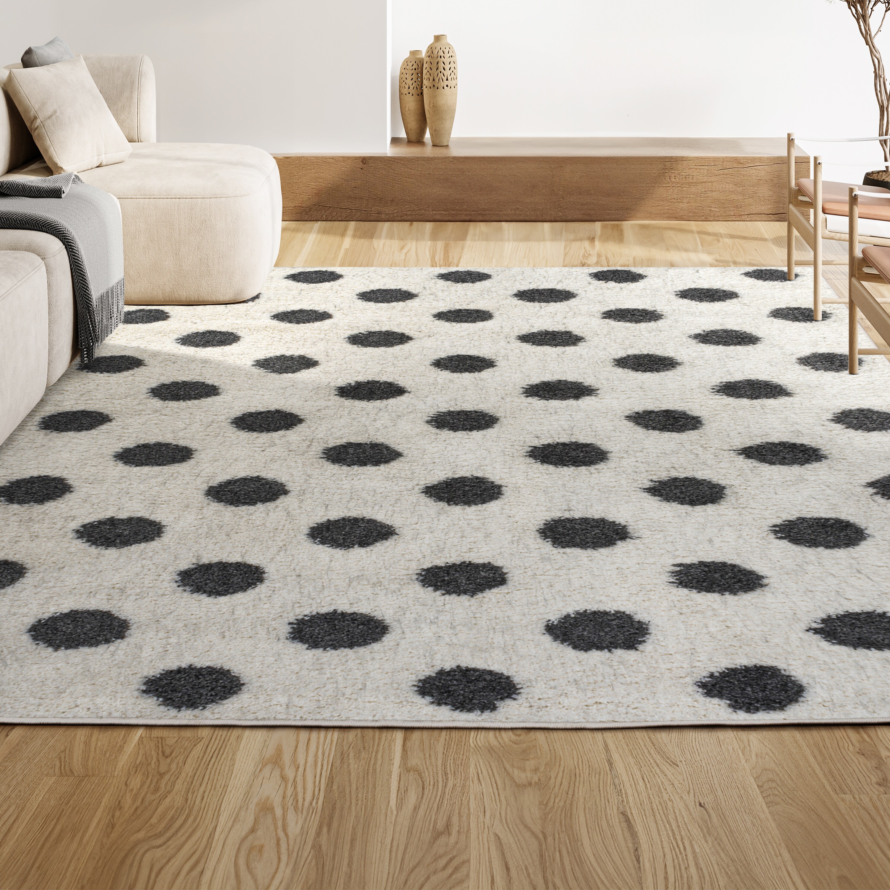 Easy-Care Charcoal and Ivory Polka Dot Shag Rug 3'x5'