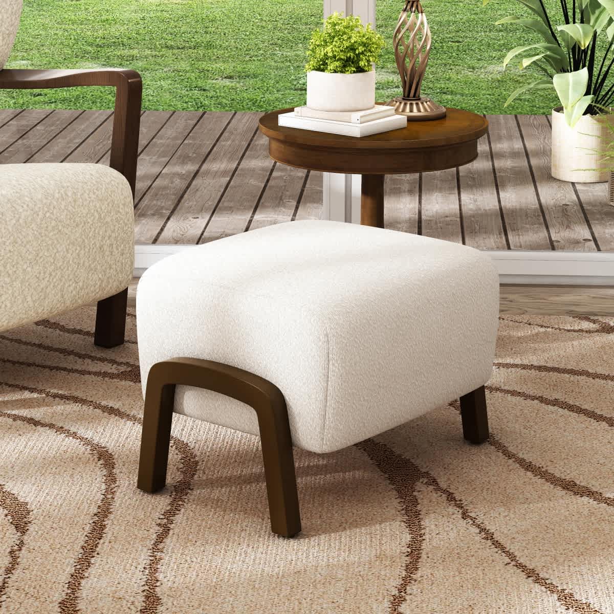 Maison Boucle 20-in Cream Boucle Upholstered Ottoman with Solid Wood Legs