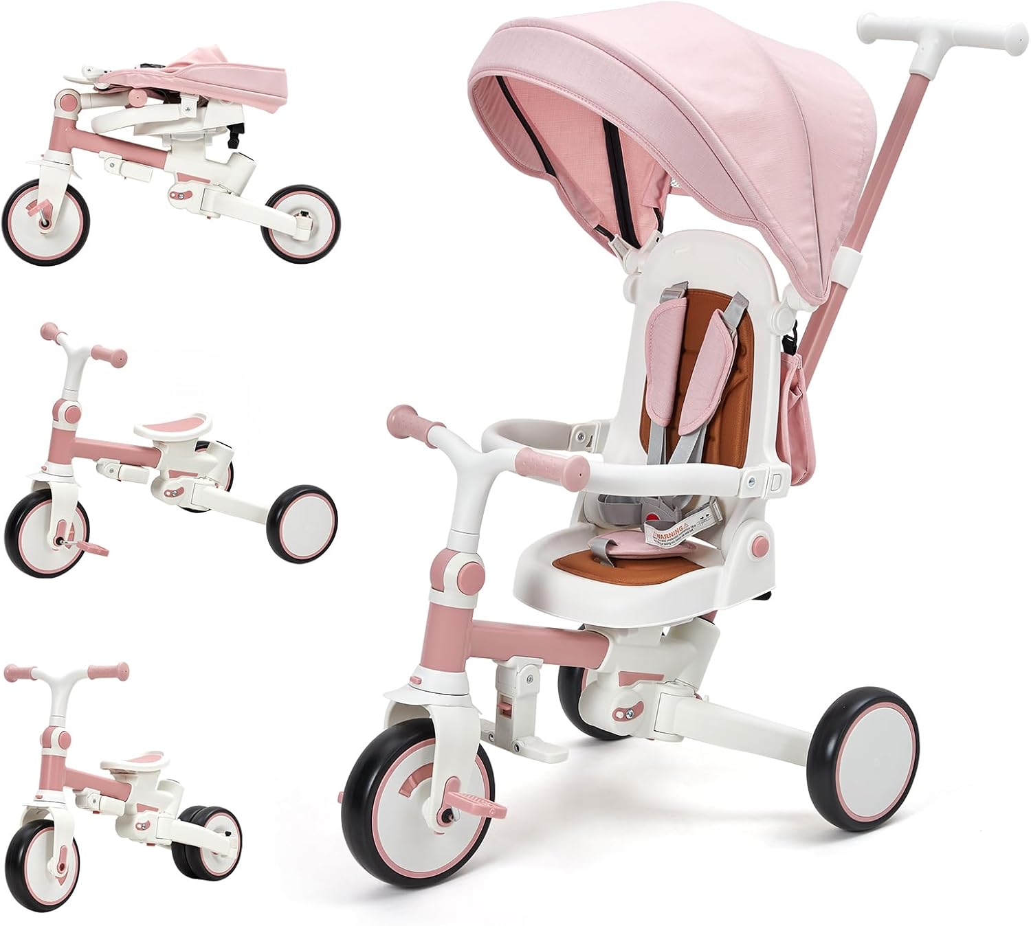 Qeetex GWPTG-334D7NB7 7-in-1 Foldable Baby Tricycle with Adjustable Parent Handle Toddler Trike with Safety Harness Wheel Brakes Removable Canopy for Boys   Girls Pink