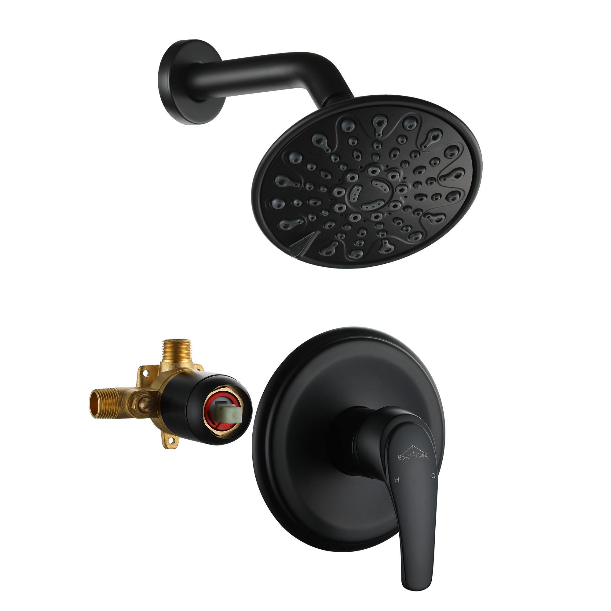 CASAINC CASA07MB 6-Spray Patterns 6 inch Rain Fixed Shower Head Matte Black 6-in Waterfall Built-In Shower Faucet System with 6-way Diverter ( Pressure-balanced Valve Included )