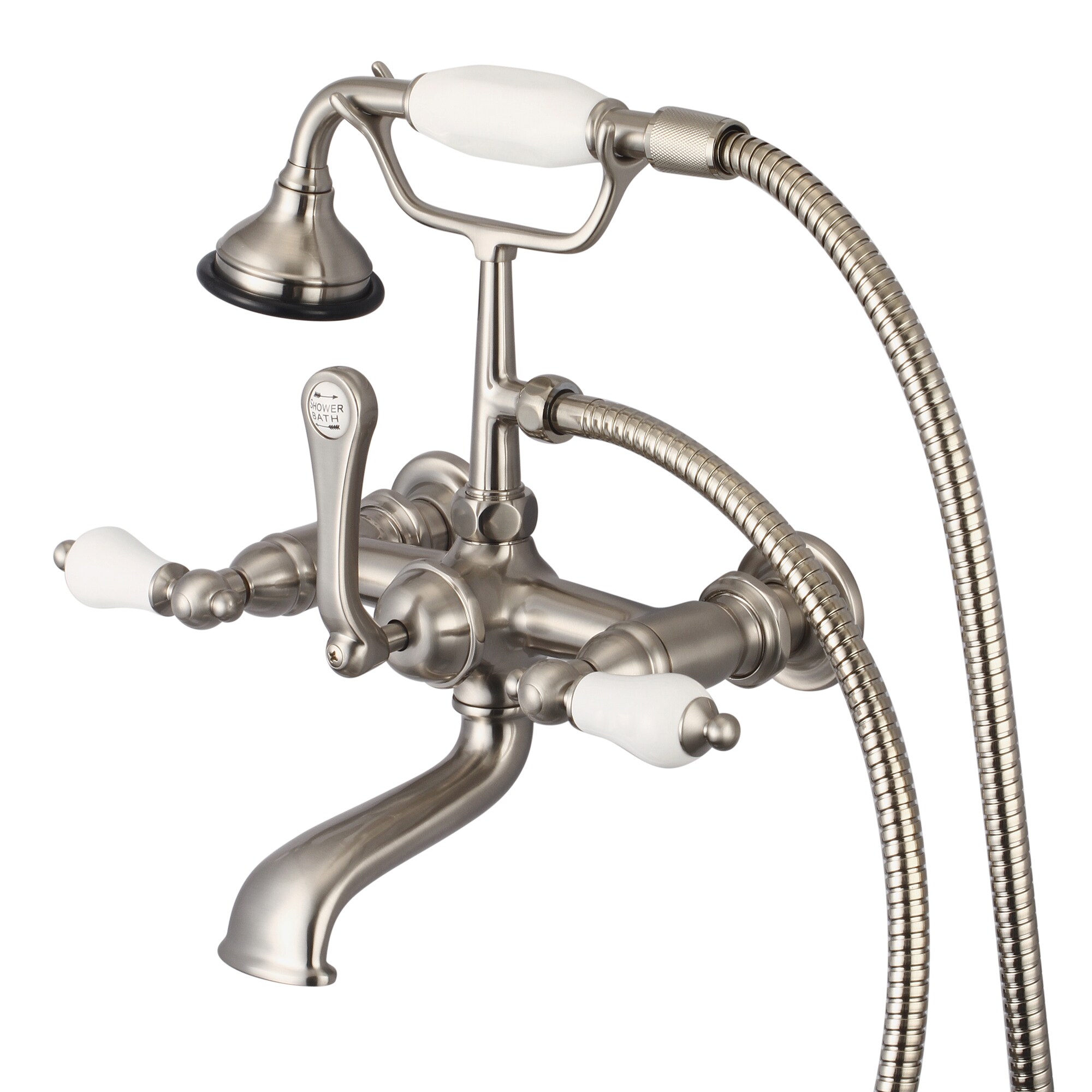 Water Creation F6-0010-02-PL F6 Brushed Nickel 3-handle Wall-mount High-arc Bathtub Faucet with Hand Shower