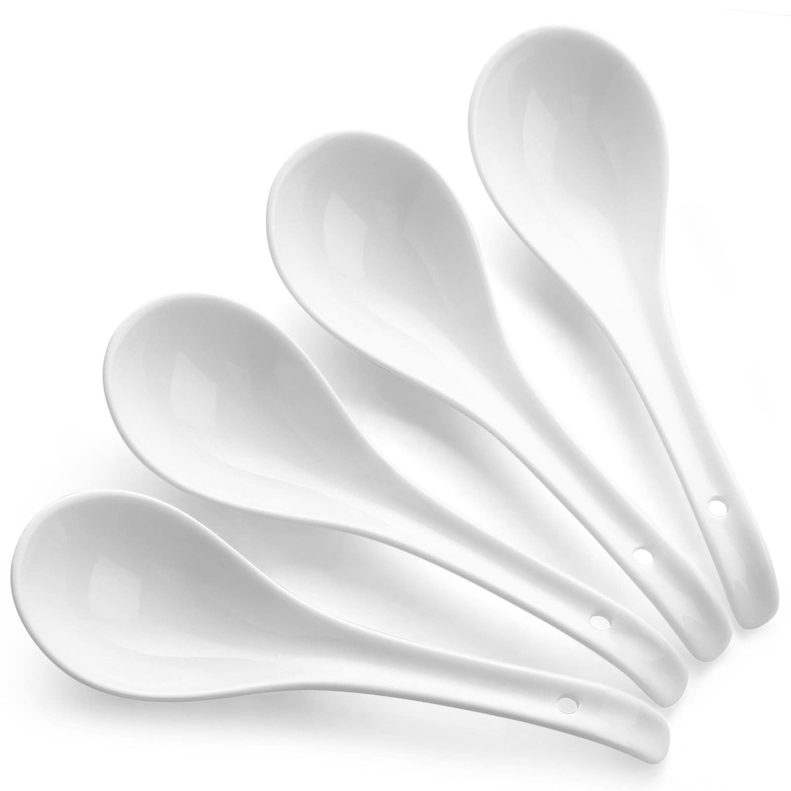Aoibox  Ceramic Asian Soup Spoon Set Large White Deep Oval Hook Design 4 Piece Flatware for Ramen and Pho Bowls