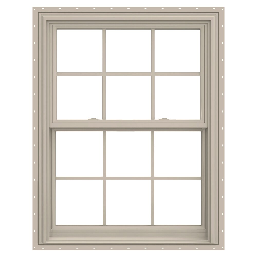 JELD-WEN LOWOLJW179200145 V-2500 31-1/2-in x 37-1/2-in Desert Sand Desert Sand Vinyl New construction Double Hung Window Low-E argon Double Pane Glass with Grids (Full Screen Included)