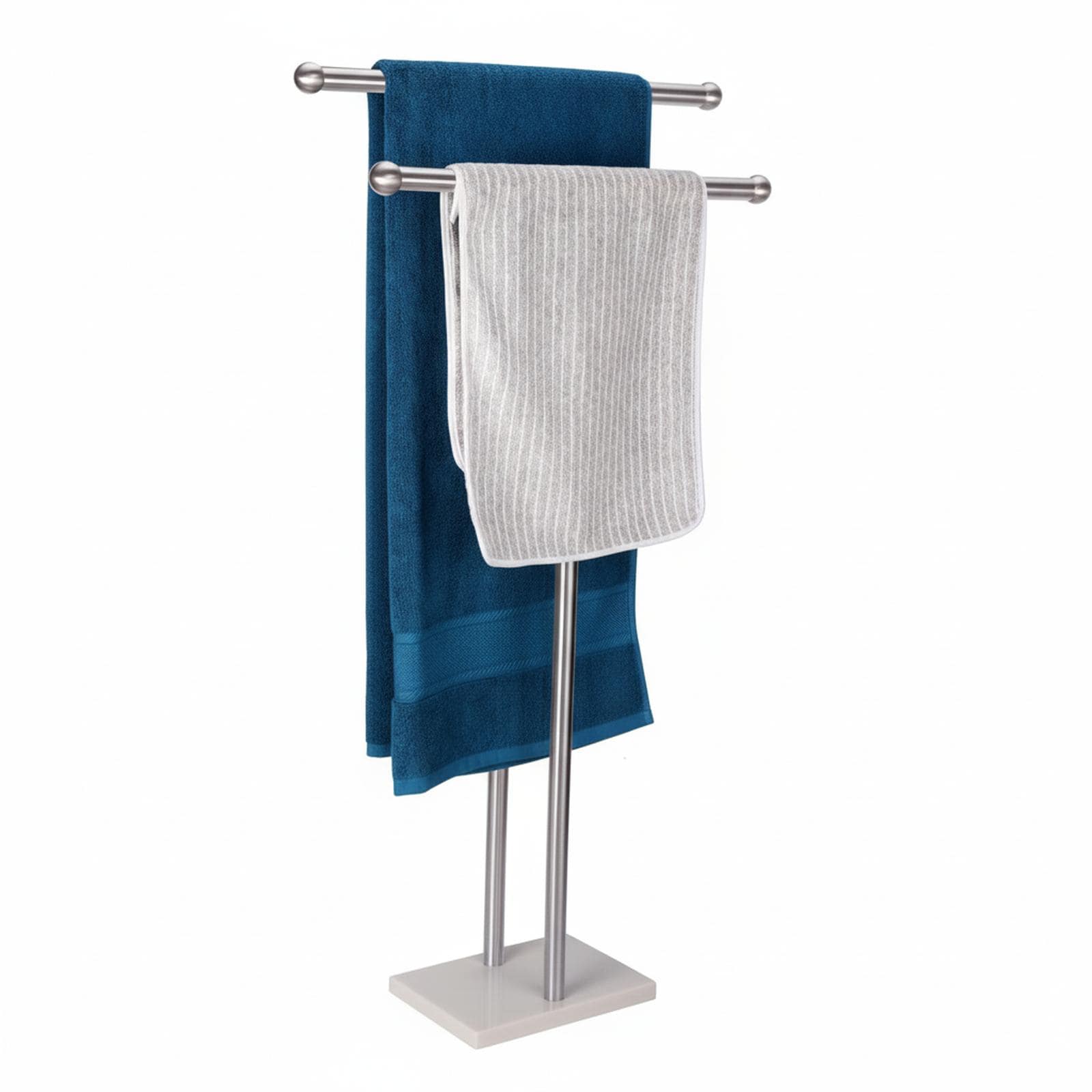 Paradigms Interiors Standing Towel Rack Double T Shape Tall Bath Sheet Holder Marble Base 2 Tier Stainless Steel Brushed Nickel