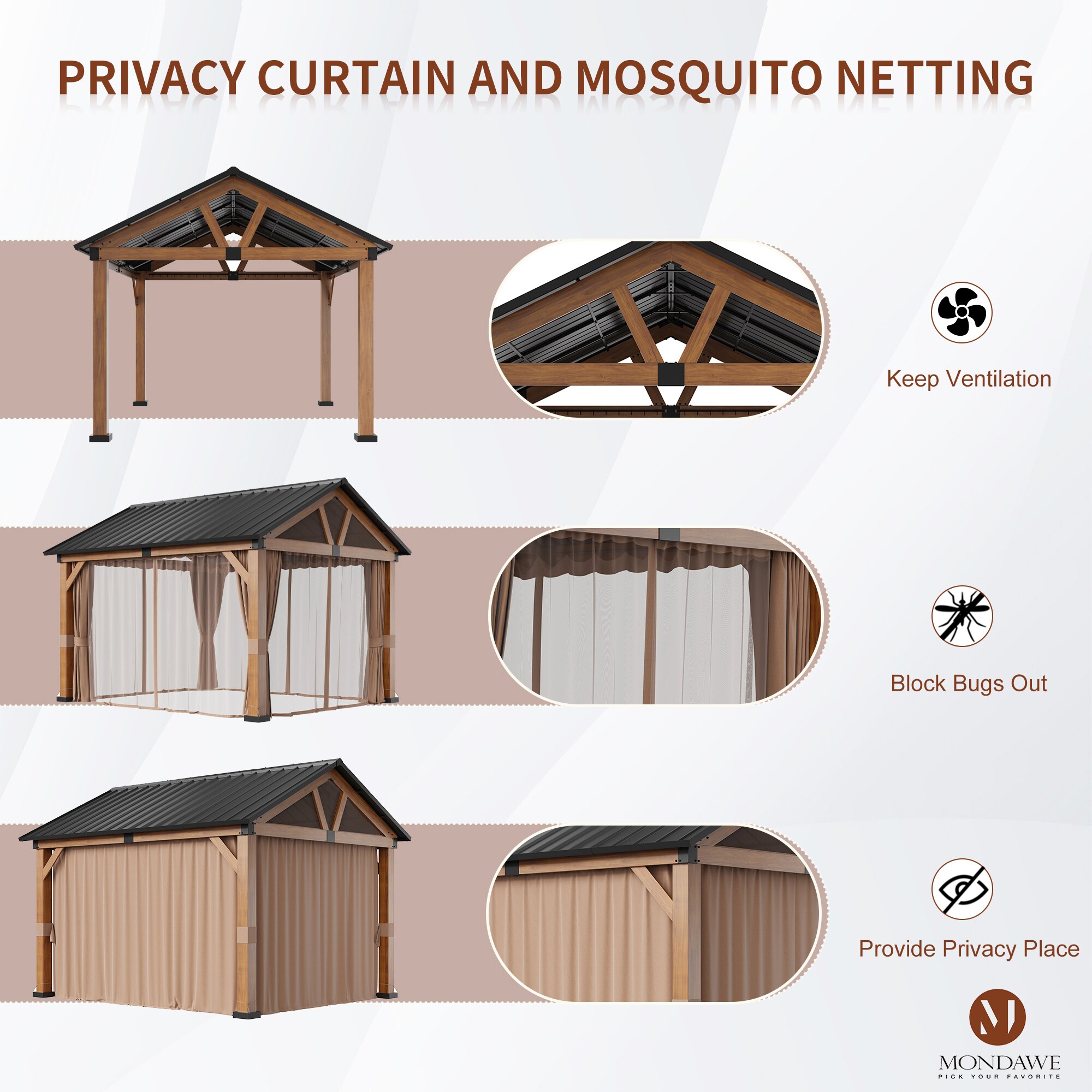 11' x 13' Brown Aluminum Patio Gazebo with Black Roof