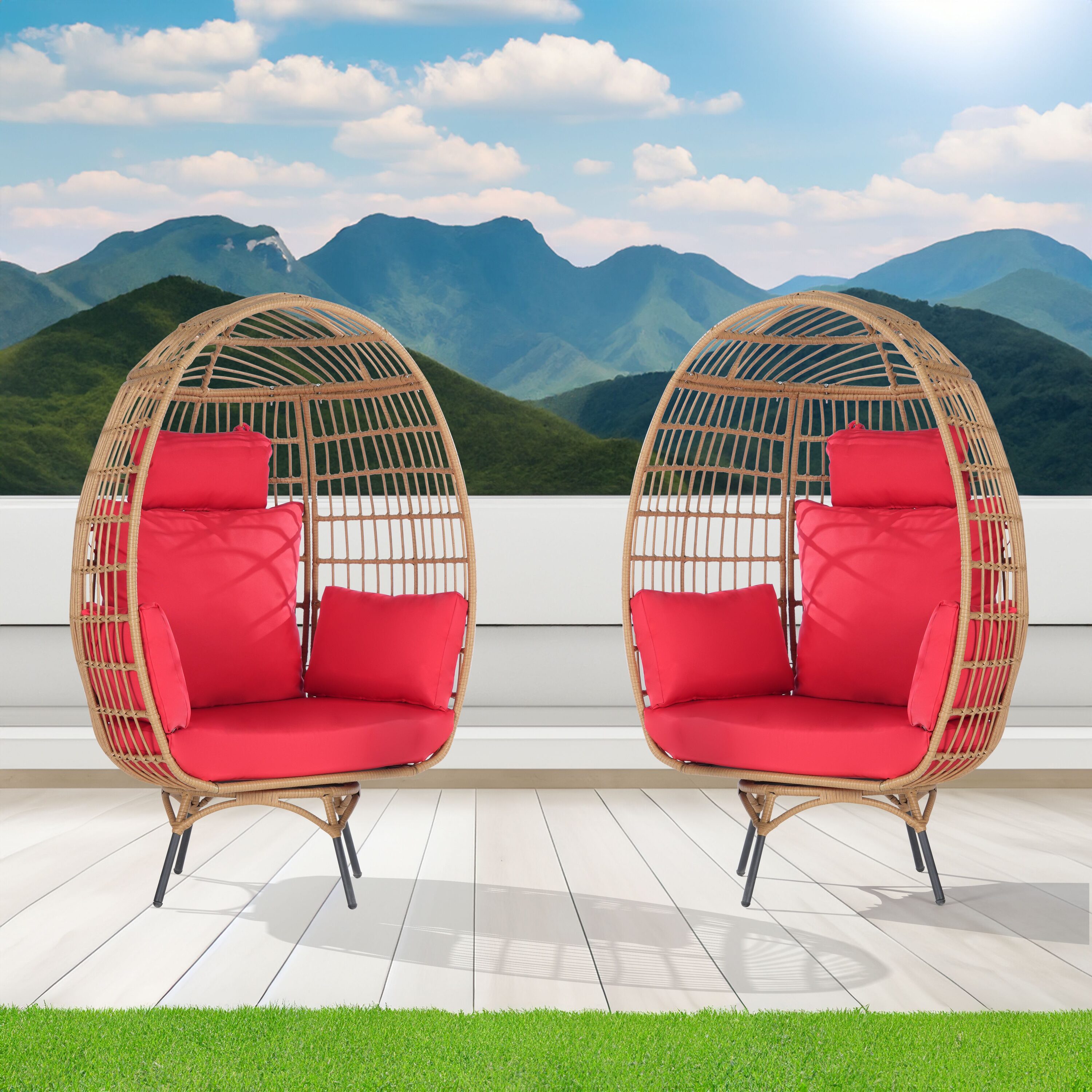 SANSTAR L-RJDC67RD-BB Patio Chairs Set of 2 Wicker Gray Metal Frame Spring motion Egg Chair with Red 220gsm Polyester Cushioned Seat