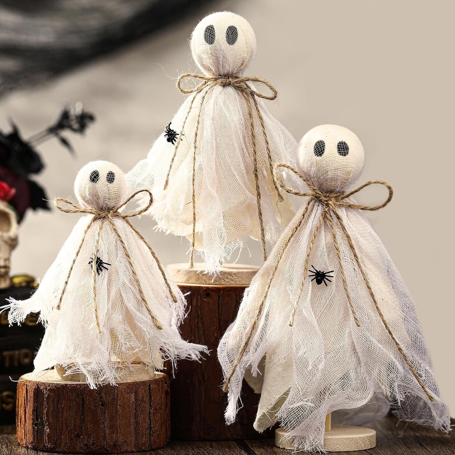 OBERSTER 3 Pcs Halloween Decorations Indoor Primitive Halloween Ghost on Wooden Stand Spooky Ghost Tiered Tray Decor Rustic Table Centerpiece for Home Office Mantel Shelf Party Supplies