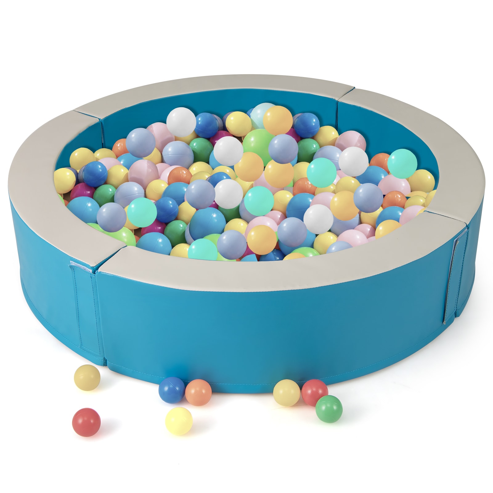 Slickblue Round Baby Ball Pit Indoor Activity Center PU Leather Foam Walls with 50 Ocean Balls 44.5 in W x 44.5 in L x 10 in H Blue