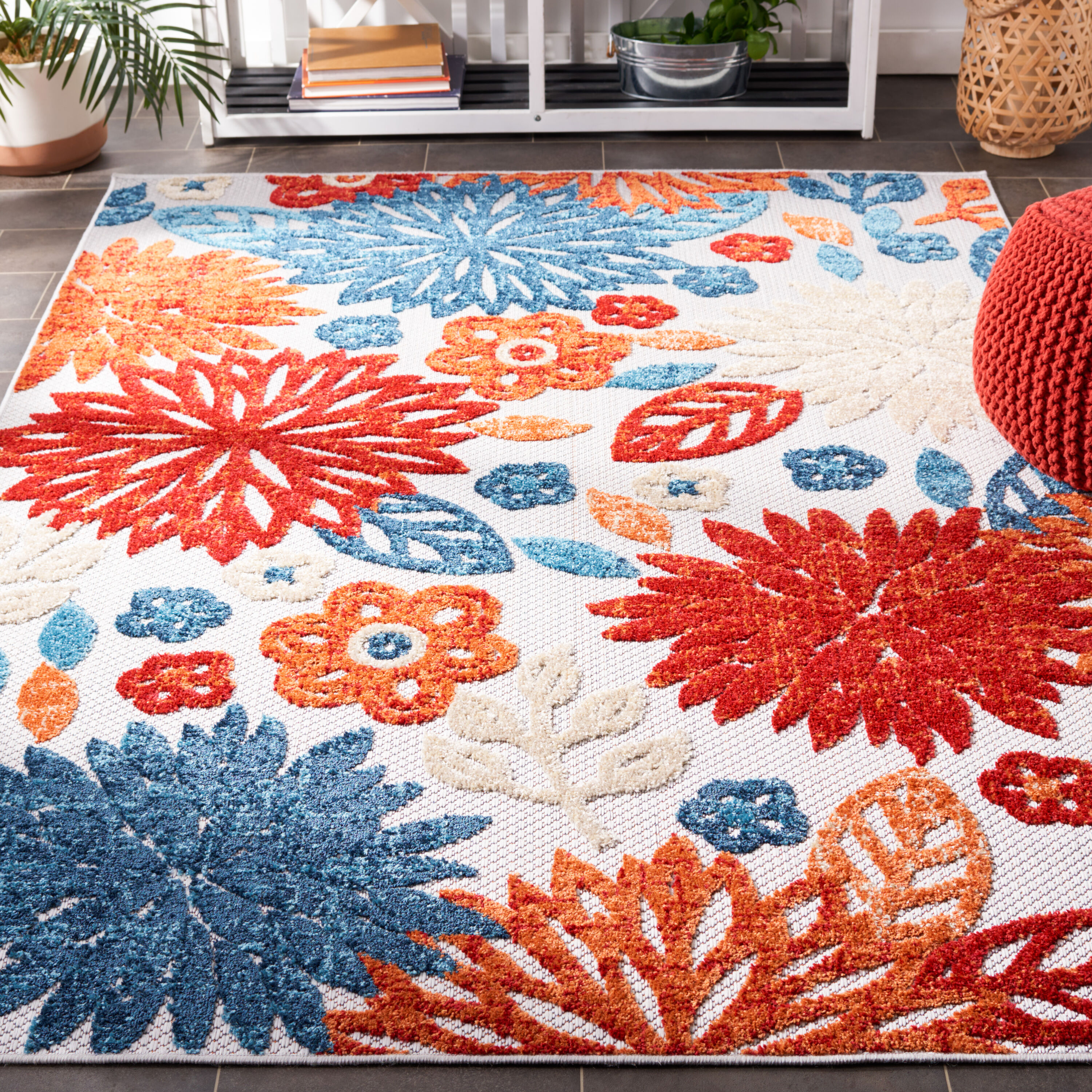 Cream and Red Floral 2' x 4' Synthetic Indoor/Outdoor Rug