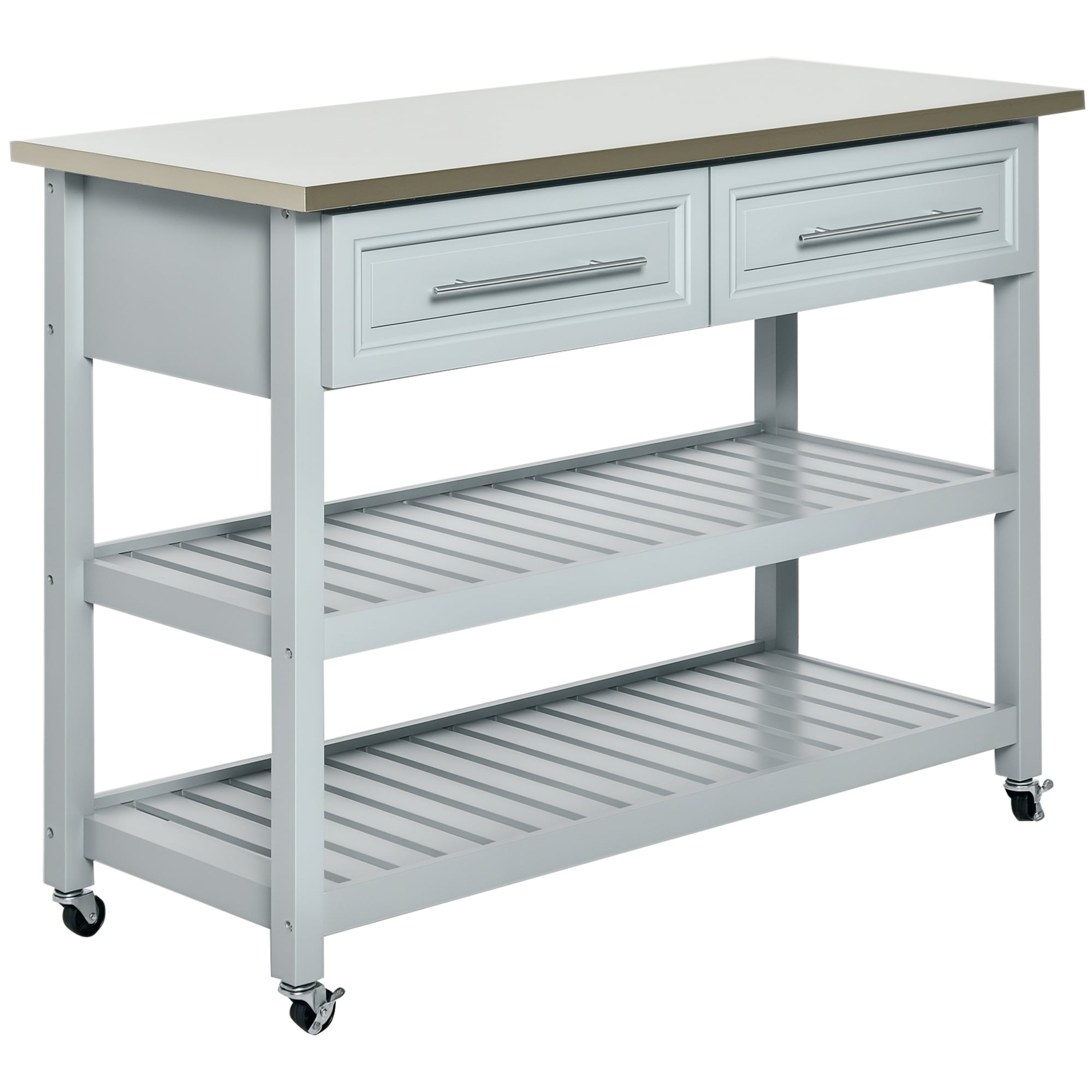 HomCom 801-034 Kitchen Island with Stainless Steel Top Traditional Kitchen Island with Storage 2-Tier Open Shelves Drawers Light Gray