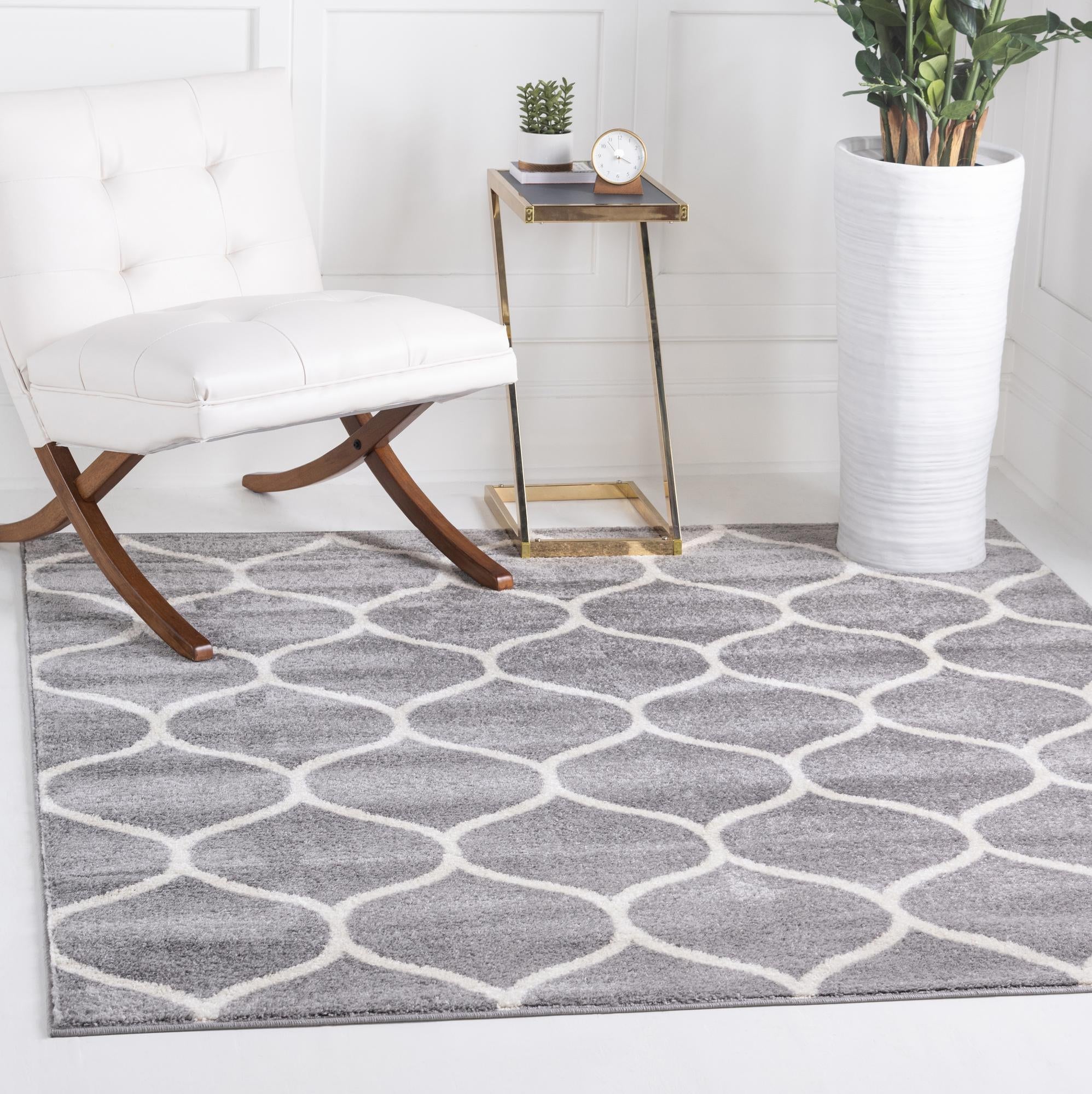 Light Gray and Ivory Square Trellis Synthetic Area Rug