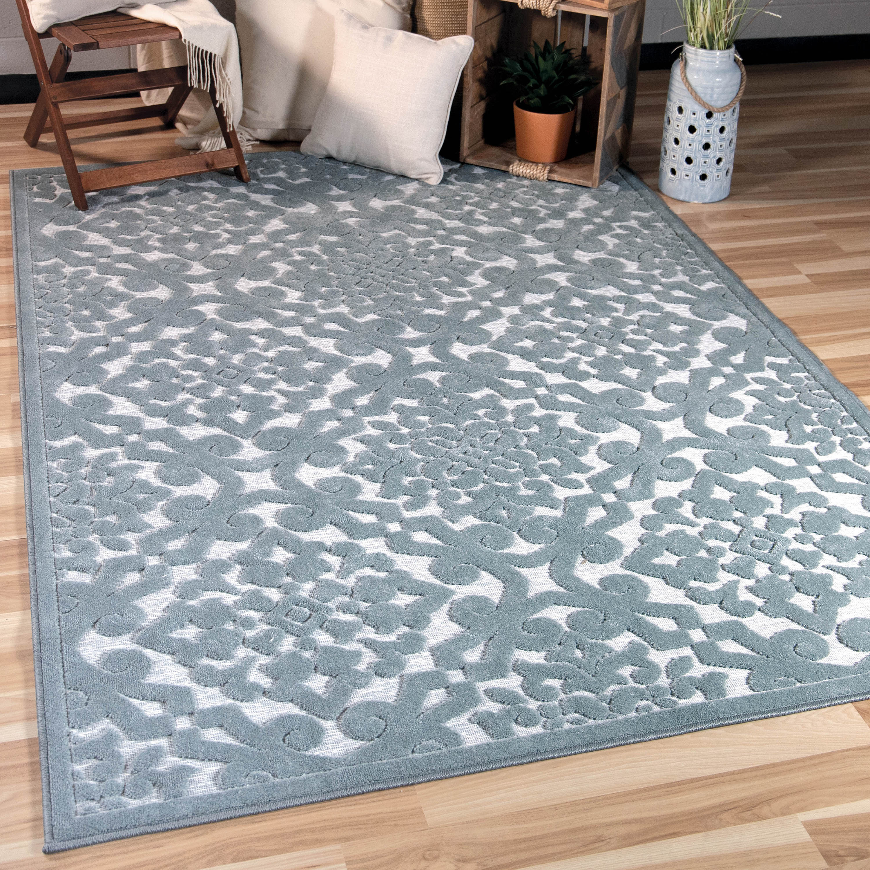 Orian Rugs 387865 Boucle Lansing 9 x 13 (ft) Loomed Polypropylene Harbor Blue Rectangular Indoor/Outdoor Floral/Botanical Farmhouse/Cottage Area rug