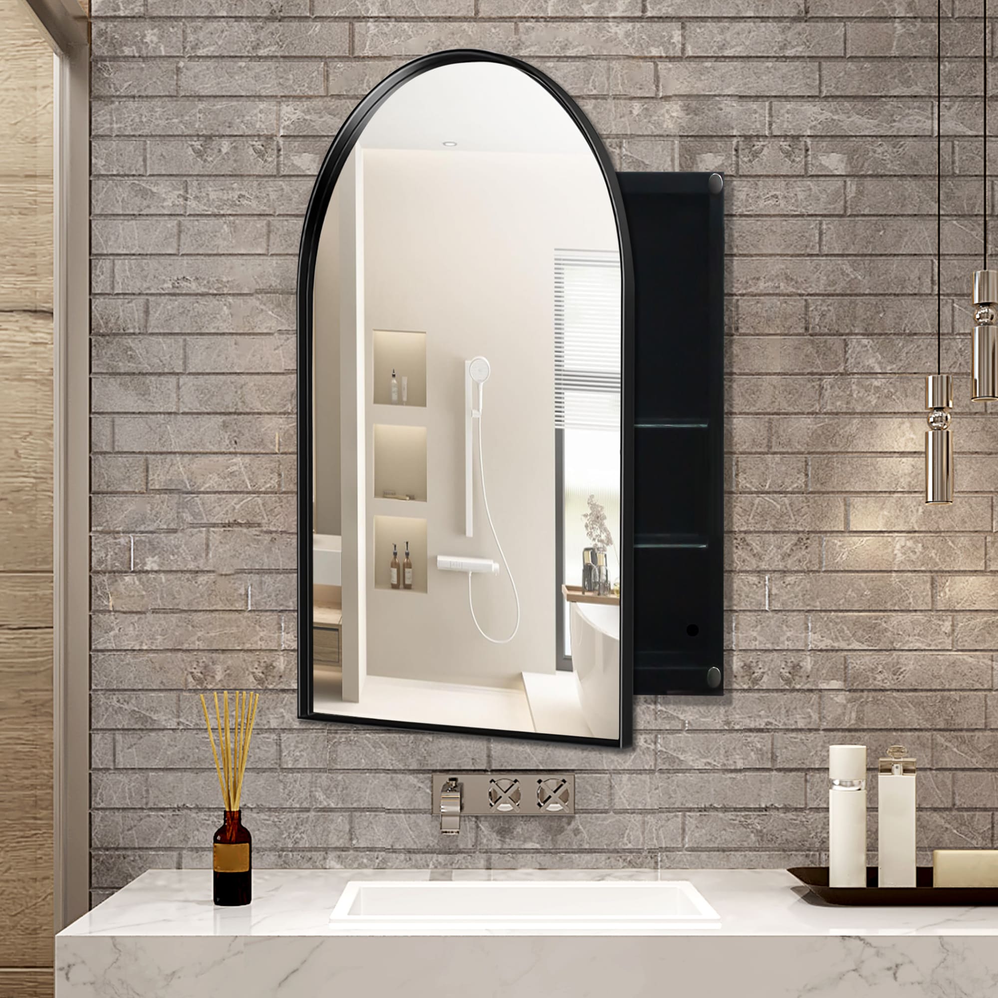 Blisstyle Promir 24-in x 35.8-in Surface/Recessed Mount Matte Black Mirrored Arched Medicine Cabinet