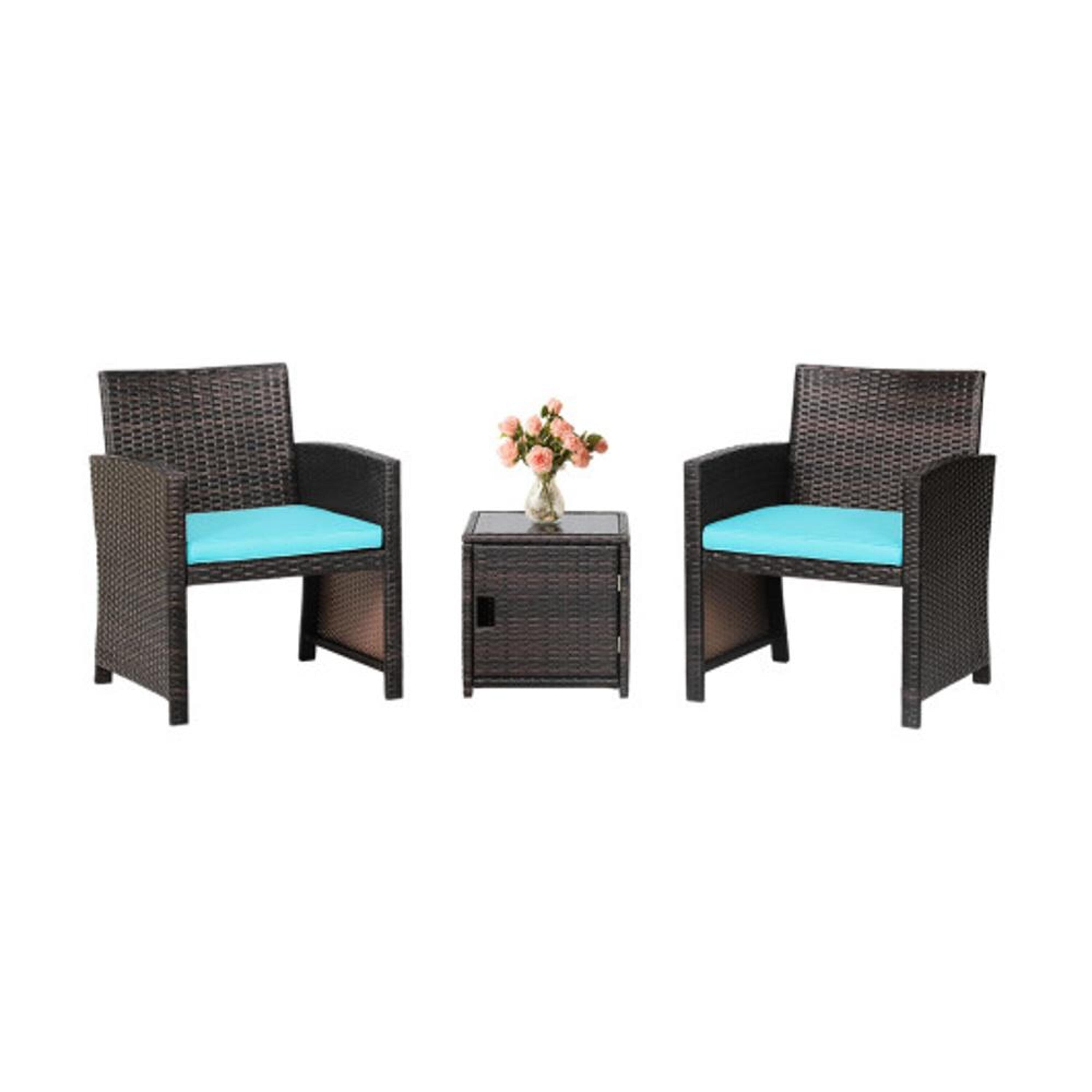 BABOOM BOM-9444TU-CO 3 -Piece Rattan Patio Conversation Set with Blue Cushions