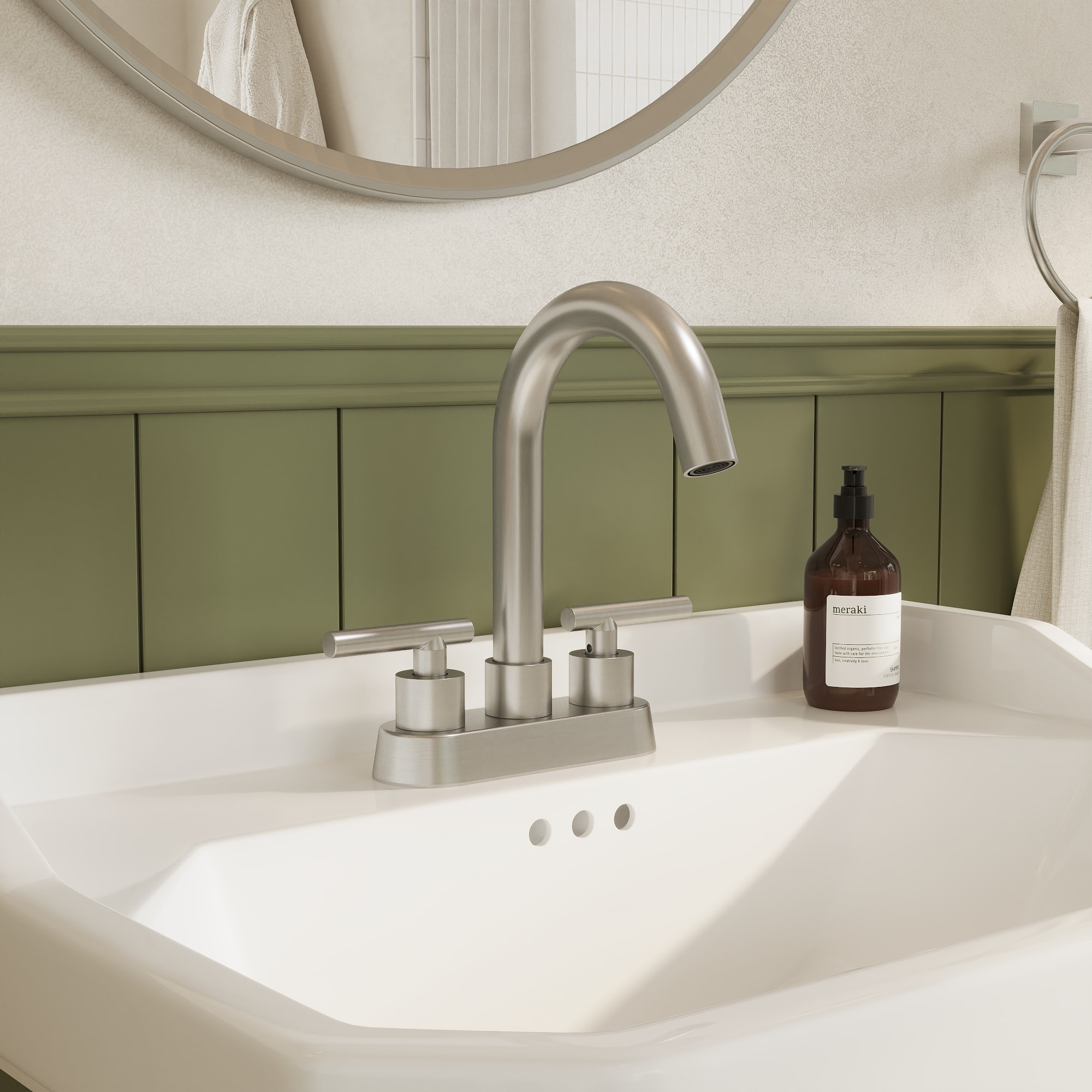 YAWWALK -  Brushed Nickel 4-in Centerset 2-Handle Mid-Arc 360 degrees Swivel Bathroom Sink Faucet...