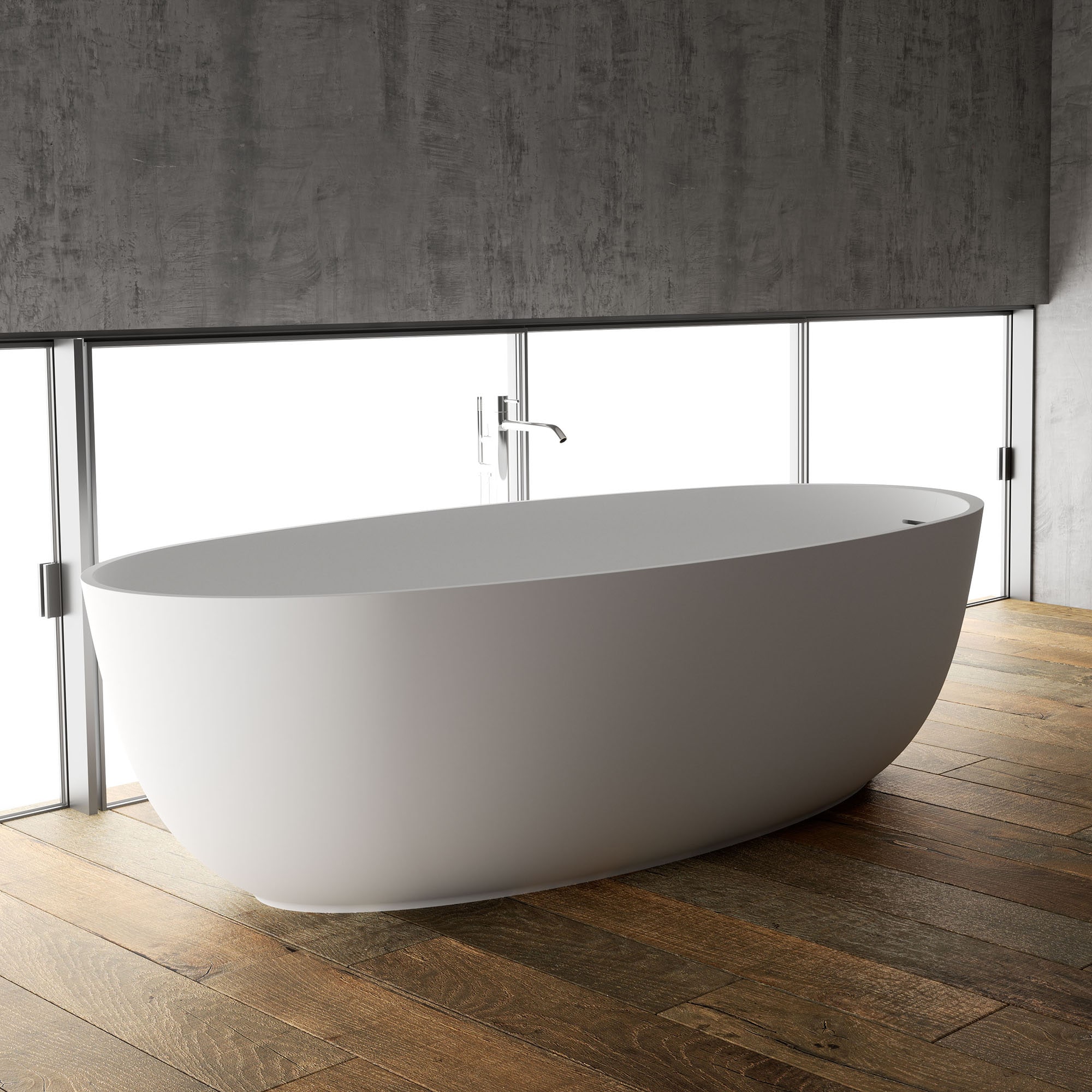 Ruvati RVB6719WH Canali 31.34-in x 66.5-in White Solid surface Oval Freestanding Soaking bathtub with Drain ( Right Drain )