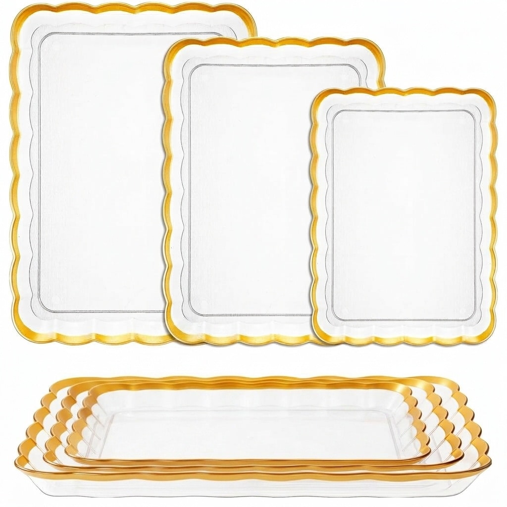 Aoibox 6 Pack Clear Plastic Rectangular Serving Platters with Gold Trim 14x10 16x11 18x12 5 in Acrylic Wave #LABEWE87
