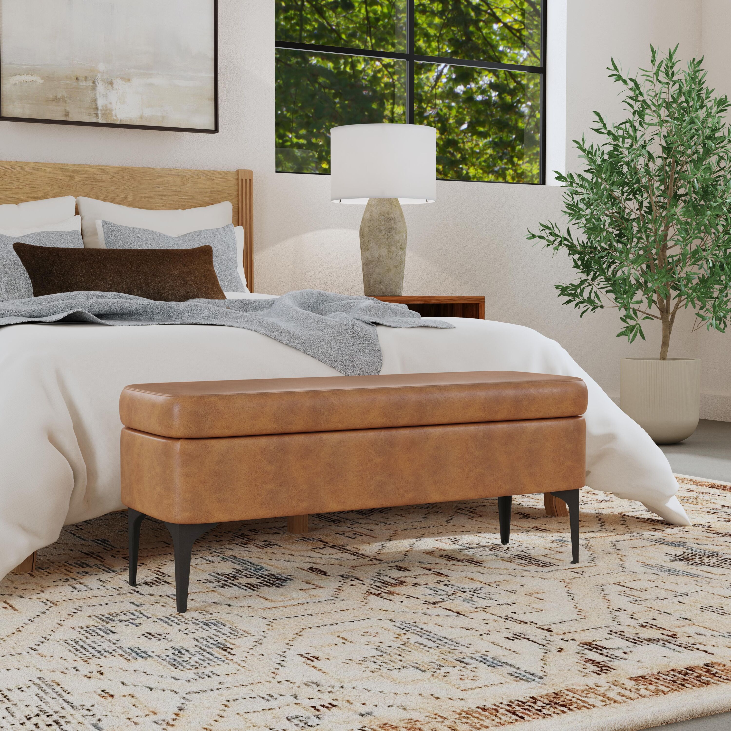Modern Modern Carmel Faux Leather Storage Bench with Storage 42-in x 14.5-in x 17.5-in