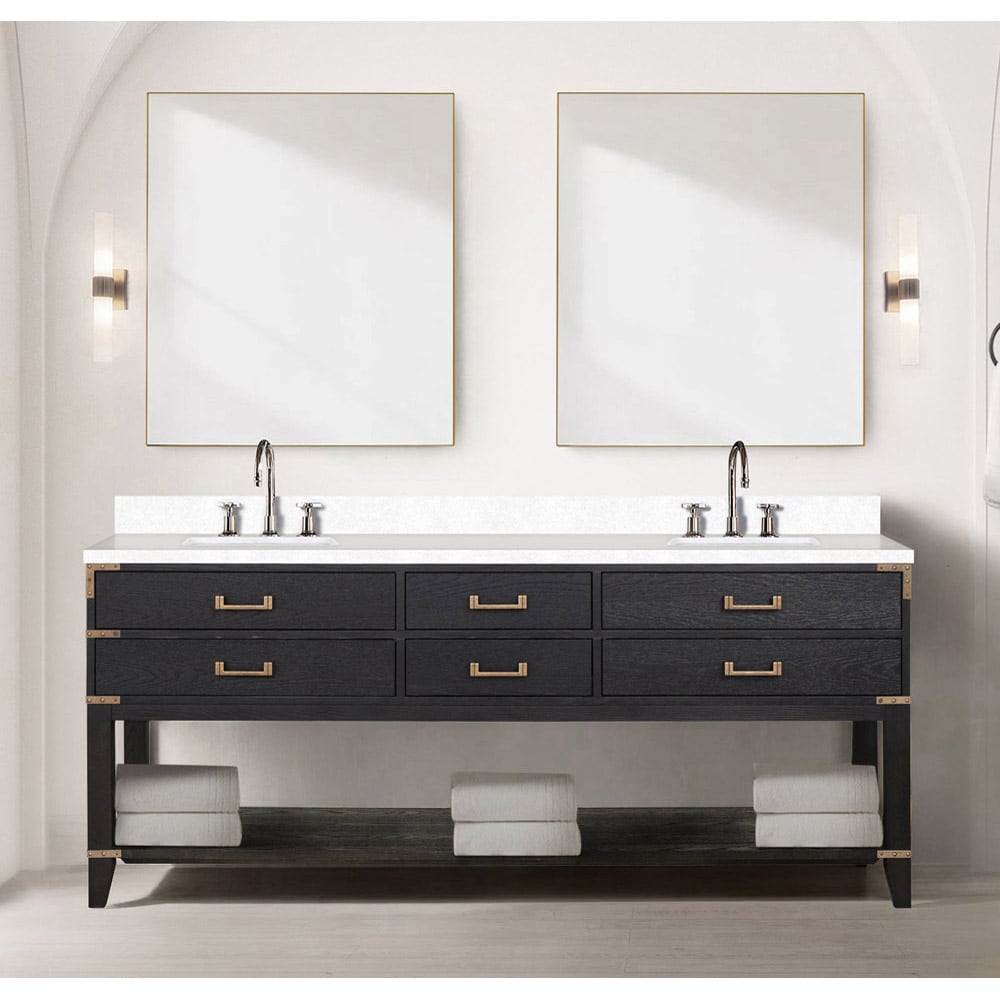 Lexora LVGR80DJ210 Greenberg 80-in Black Oak Undermount Double Sink Bathroom Vanity with White Quartz Top (Mirror Included)