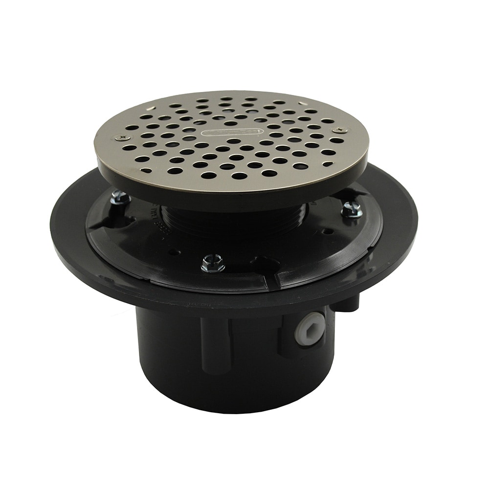 Jones Stephens D49237 4 inch Heavy Duty PVC Floor Drain Base with 3-1/2 inch Plastic Spud, 8-1/2 inch Pan and 6 inch Stainless Steel Round Strainer