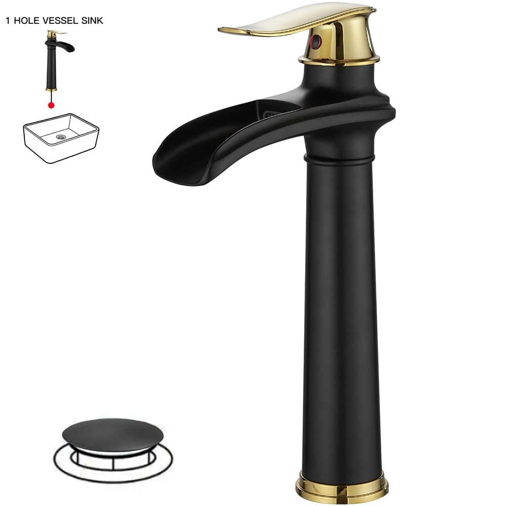 BWE A-96046H-GBK Black and Gold Vessel 1-handle WaterSense Waterfall Commercial/Residential Handle Bathroom Sink Faucet with Drain