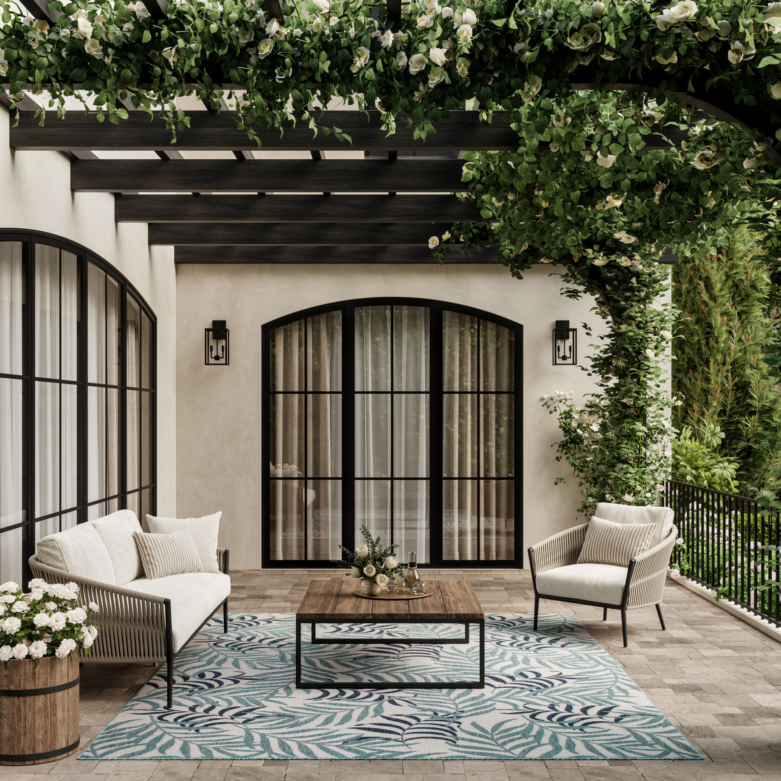Nourison Home 099446959294 Garden Oasis 8 x 10 (ft) Loomed Polypropylene Blue Rectangular Indoor/Outdoor Floral/Botanical Tropical Area rug