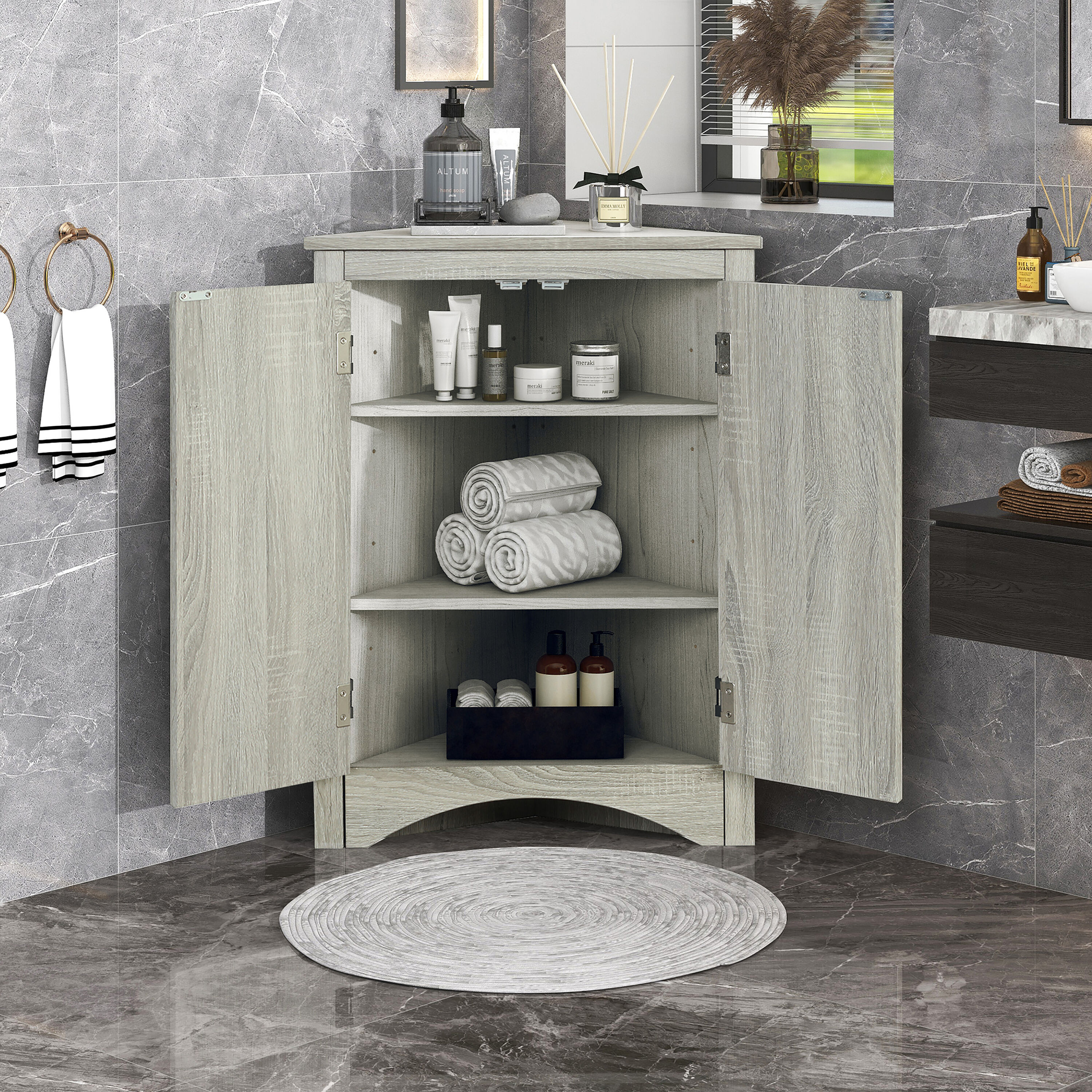 Contemporary Bathroom Triangle Storage Cabinet with Adjustable Shelves,  Black Brown - ModernLuxe