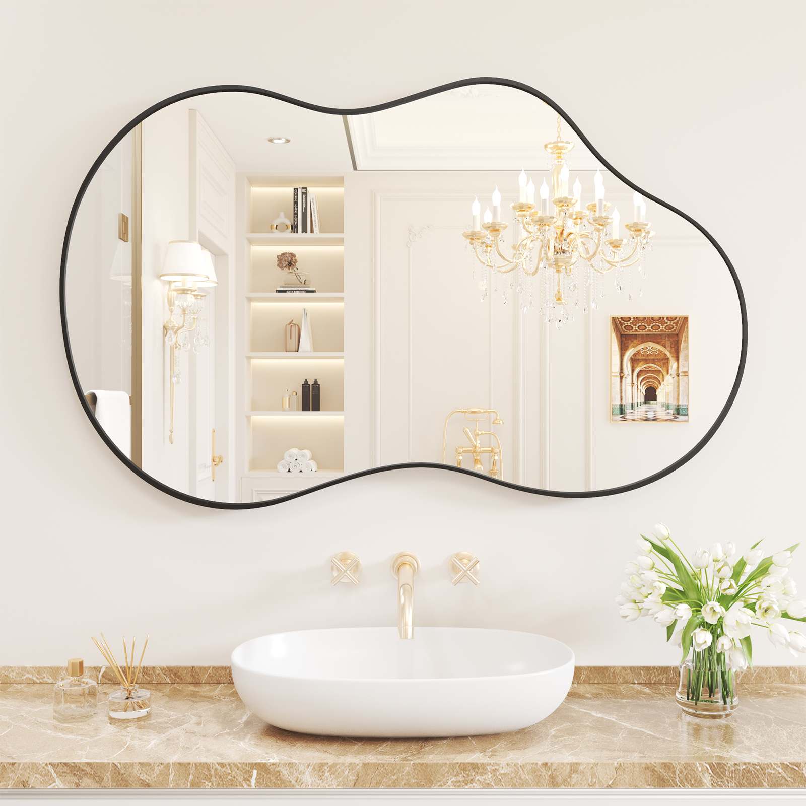 Amorho - Black 24 in. W x 36 in. H Abstract Wavy Irregular Aluminum Alloy Framed Mirror for Bathr...