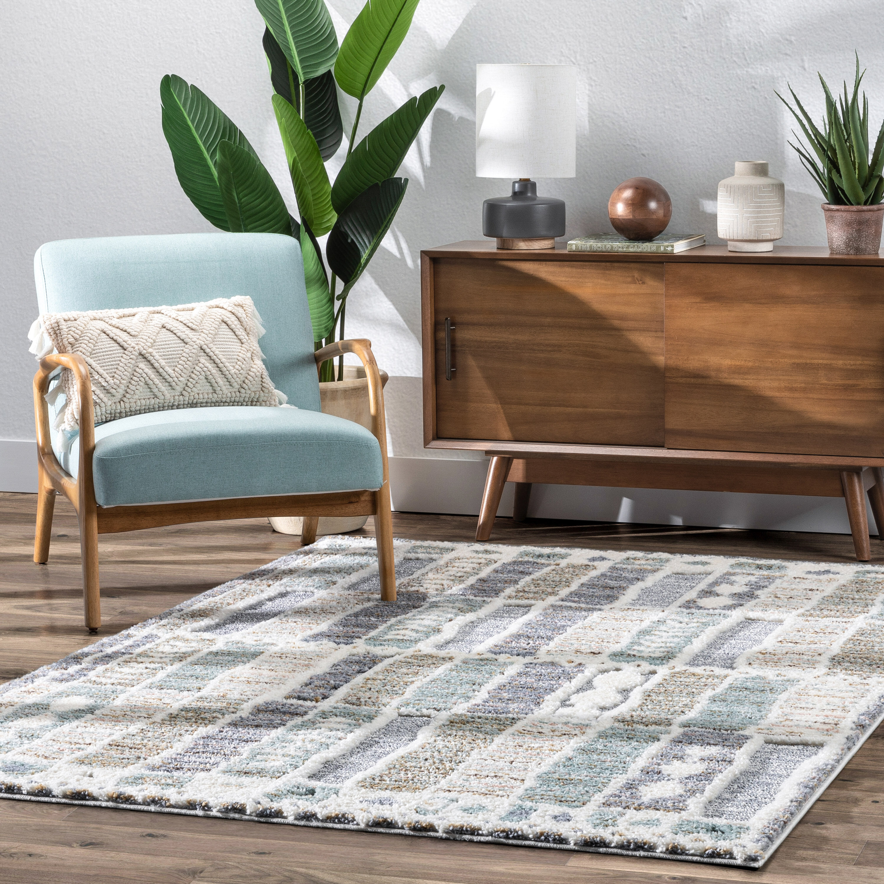 Reversible Gray Geometric Shag Area Rug, 47"x63", Easy Care