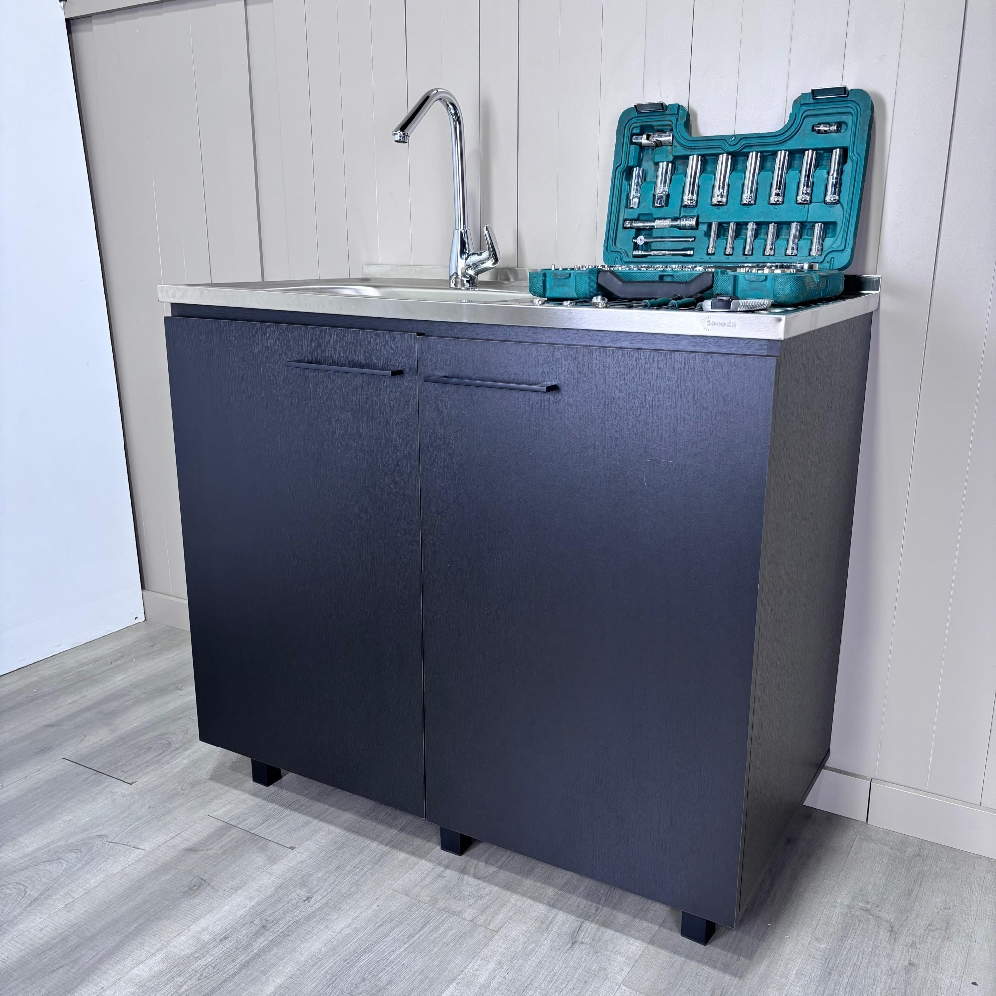 Wooakway Utility Sink with Cabinet Stainless Steel CounterTop Interior Shelf Kitchen Sink Cabinet with Stainless Steel Top Hidden Storage Utility Sink Modern Design for Compact Kitchens Laundry Room Utility Spaces