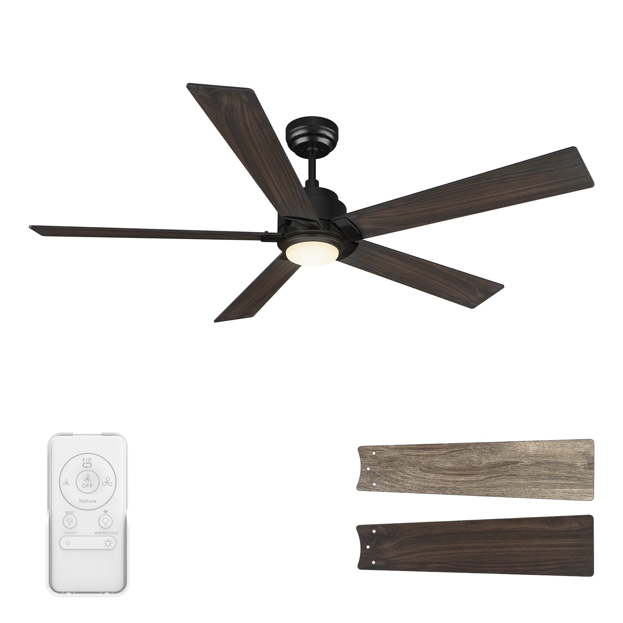 CARRO USA LS605J1-L11-BG-1 Aspen 60-in Integrated LED Outdoor Smart Black with Wooden/Walnut Blades Ceiling Fan With Light - Remote Included ( 5 -Blade )