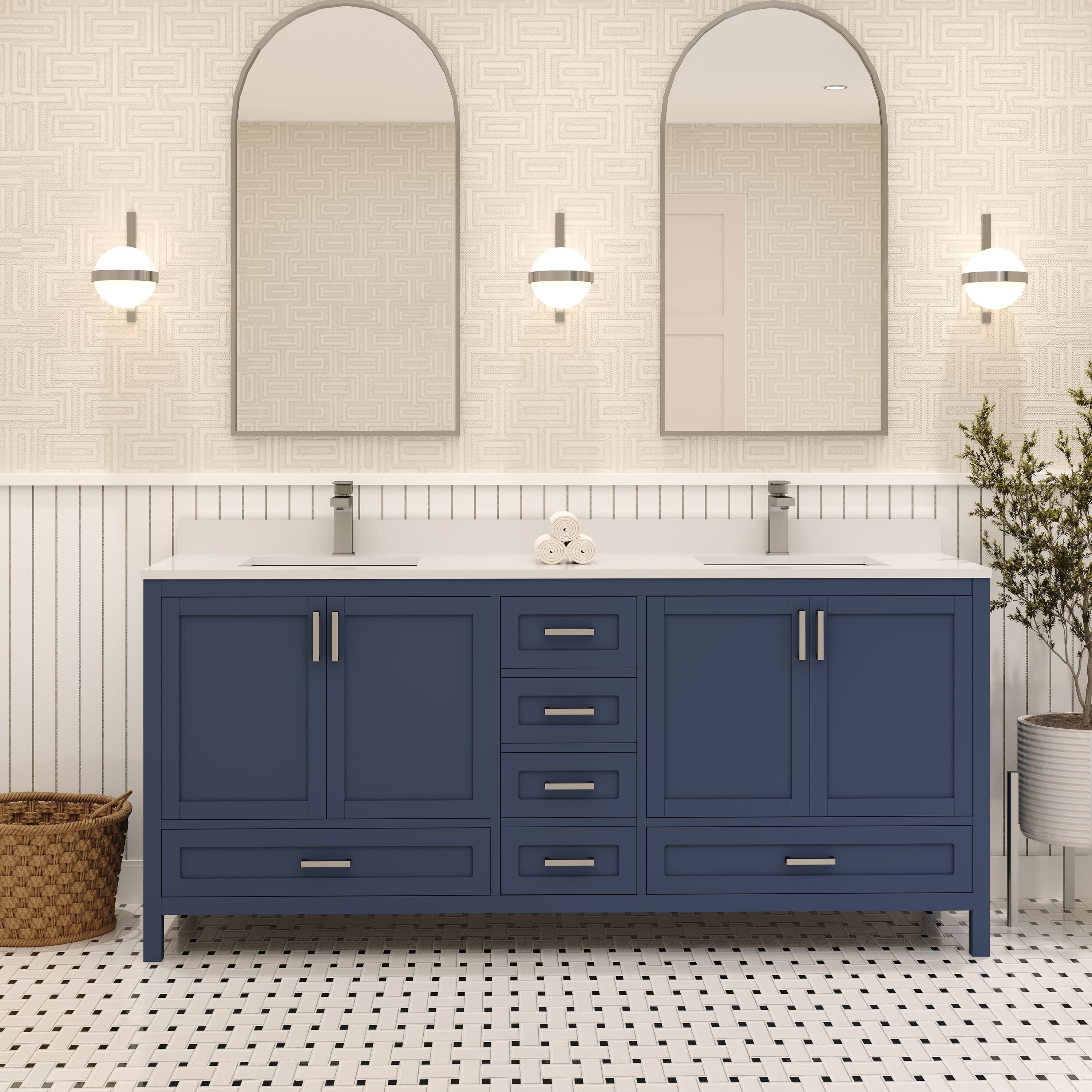Ayna Decors AVR72NB3022 72-in Navy Blue Undermount Double Sink Bathroom Vanity with White Quartz Top (Faucet Included)