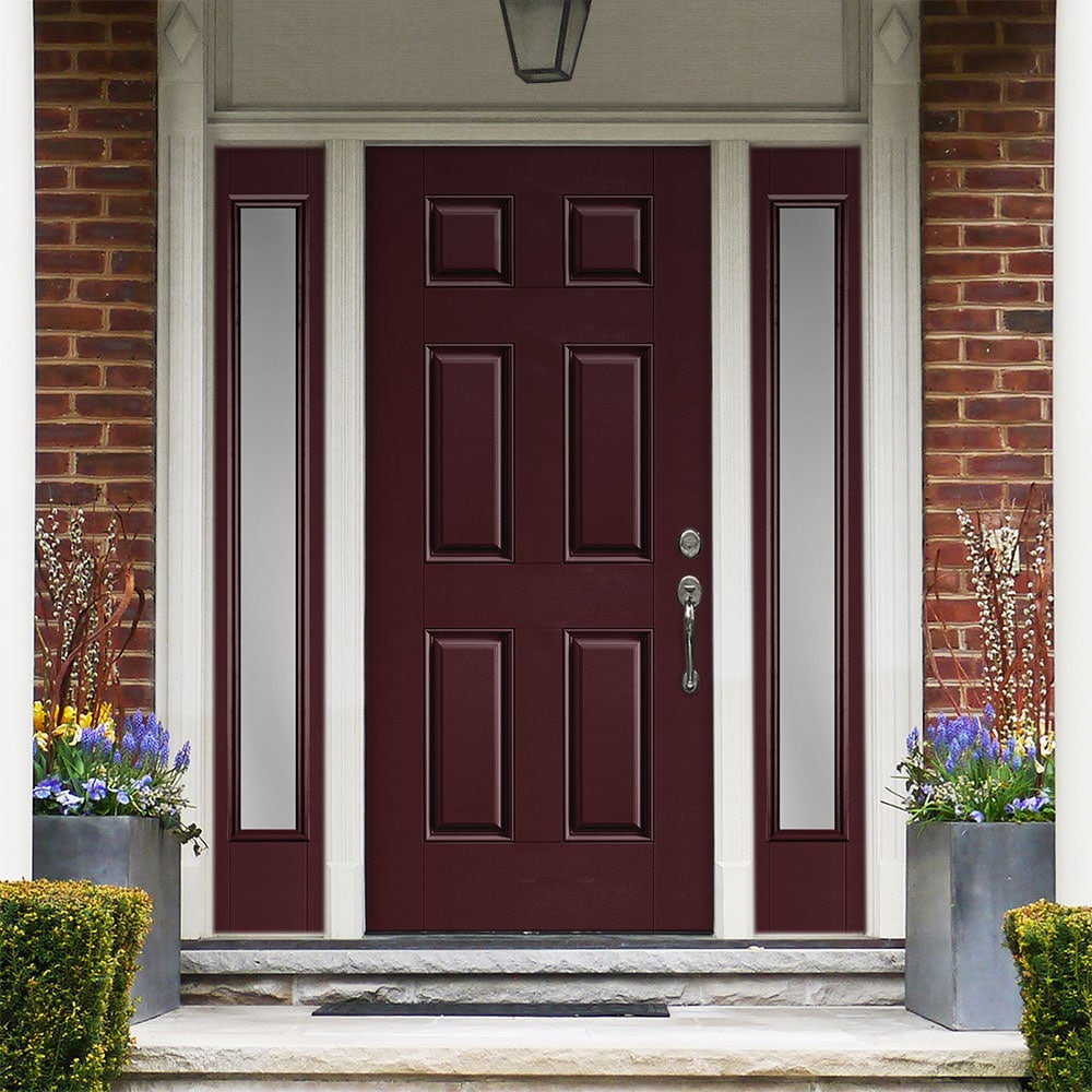 Masonite 1218381 60-in x 80-in x 4-9/16-in Fiberglass No glass Left-hand inswing Currant Painted Prehung Front Door with Sidelights with Brickmould Insulating core