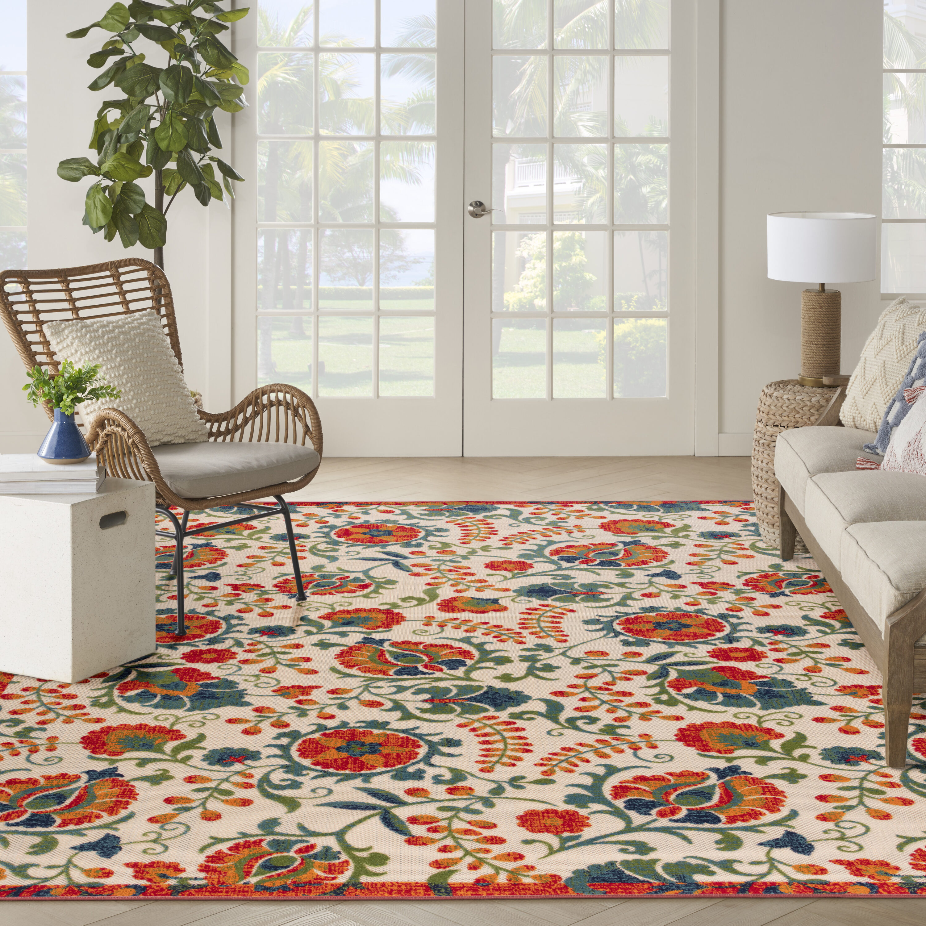 Nourison Home 099446952493 9 x 12 (ft) Loomed Polypropylene Red Multicolor Rectangular Indoor/Outdoor Floral/Botanical Farmhouse/Cottage Area rug