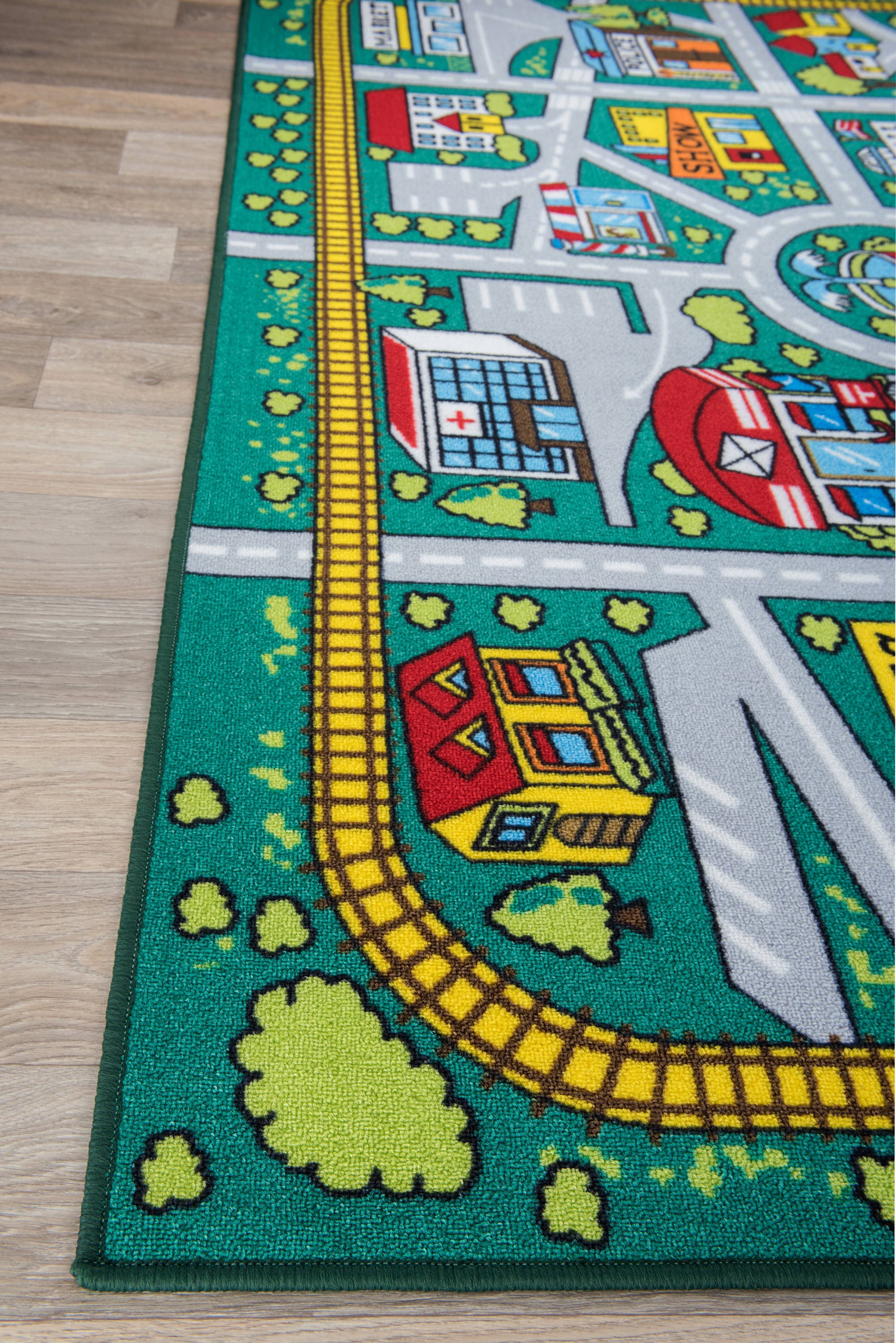 Green Nylon Kids Educational City Life Road Area Rug