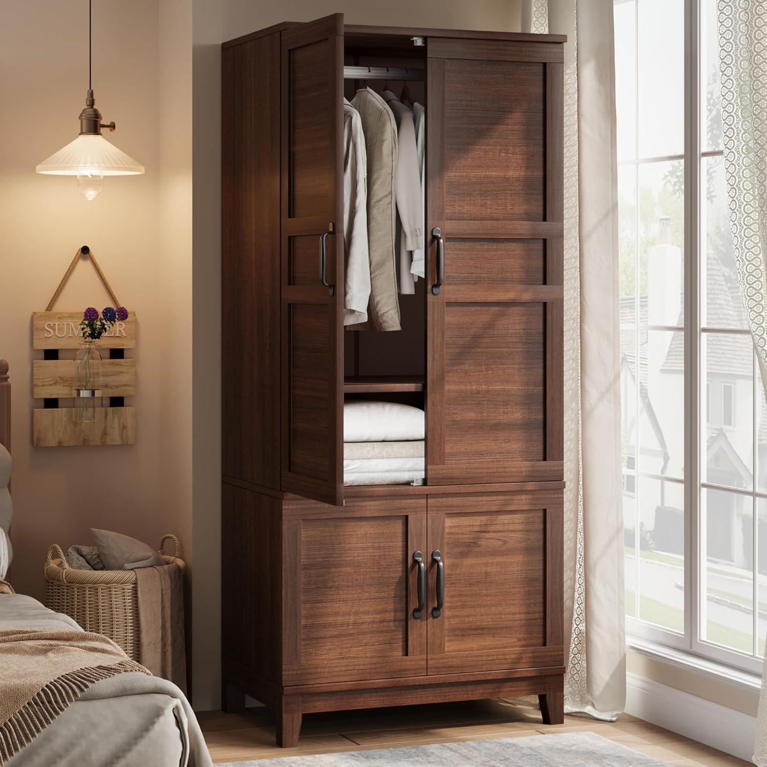 Garvee  72 Inch Tall Brown Wooden Armoire Wardrobe Closet with 4 Doors and Hanging Rod - Freestanding Tall Clothing Storage Cabinet with Adjustable Shelves for Bedroom