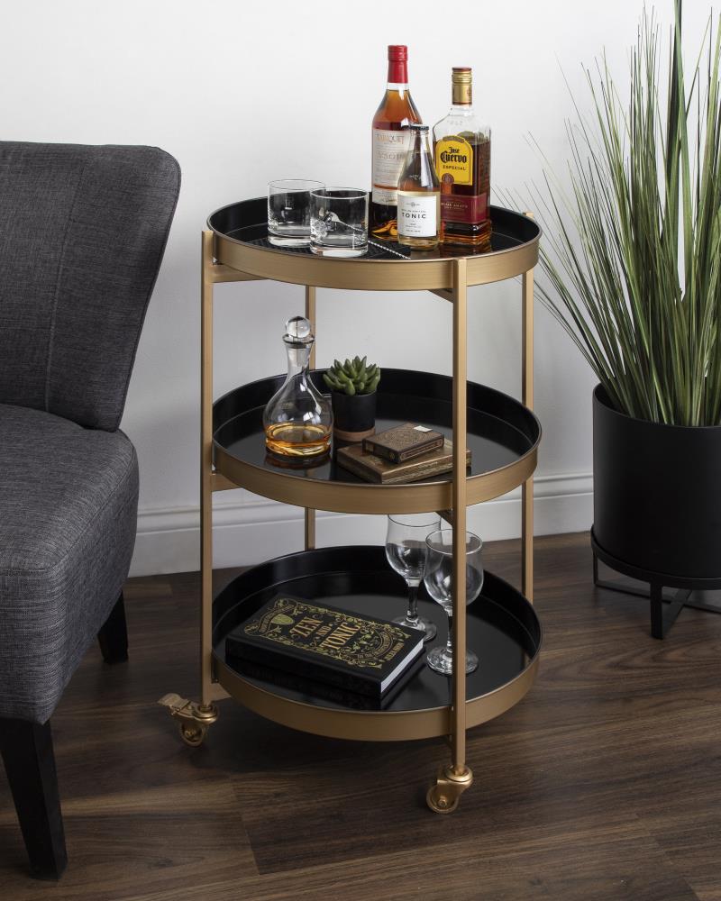 Kate and Laurel Celia Round Bar Cart with Removable Trays - Black/Gold ...